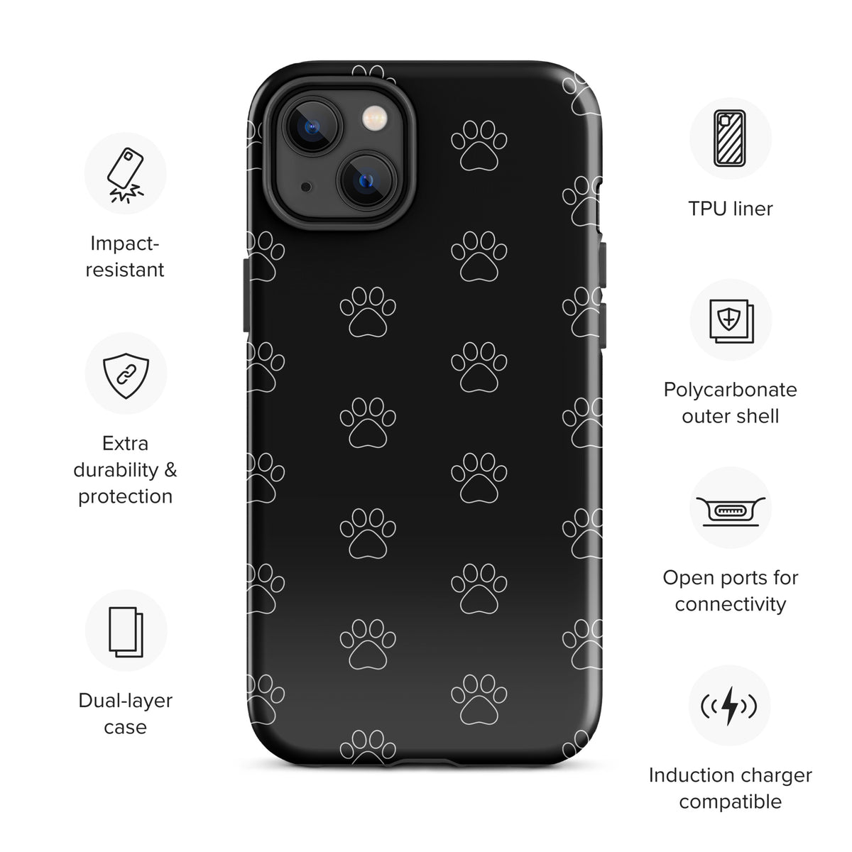 Black Phone Case for iPhone with paw print pattern, TPU liner, polycarbonate shell, and dual-layer protection. Pet lover design.