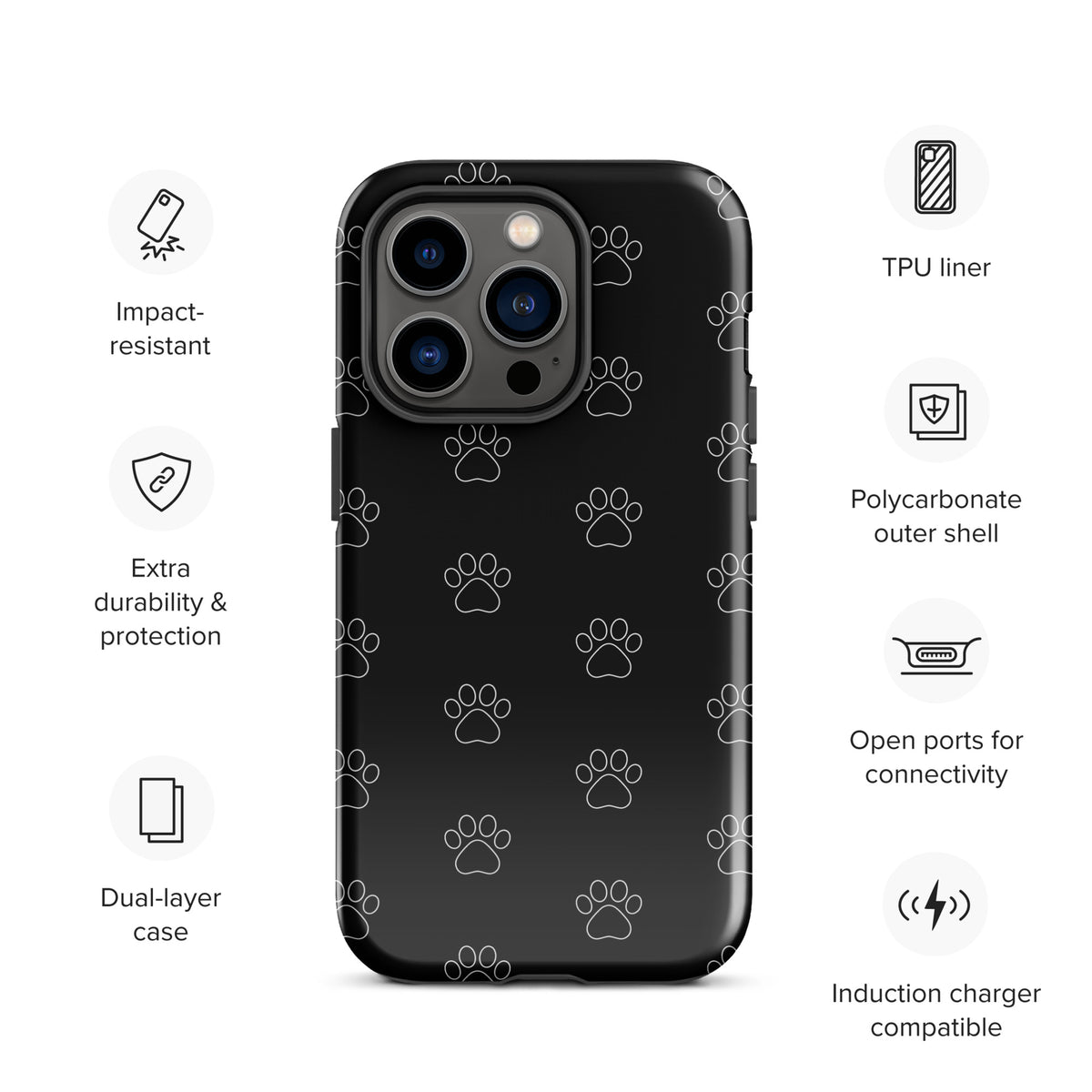 Phone Case for iPhone with black paw print pattern, impact-resistant and induction charger compatible, ideal for pet lovers.