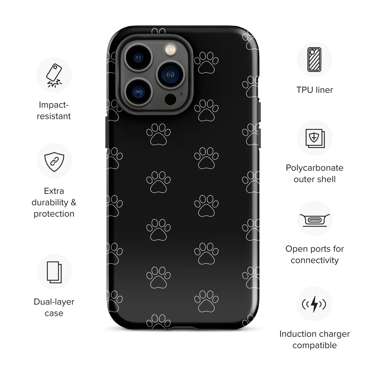 Phone Case for iPhone with black paw print pattern, impact-resistant and induction charger compatible; stylish for pet lovers.