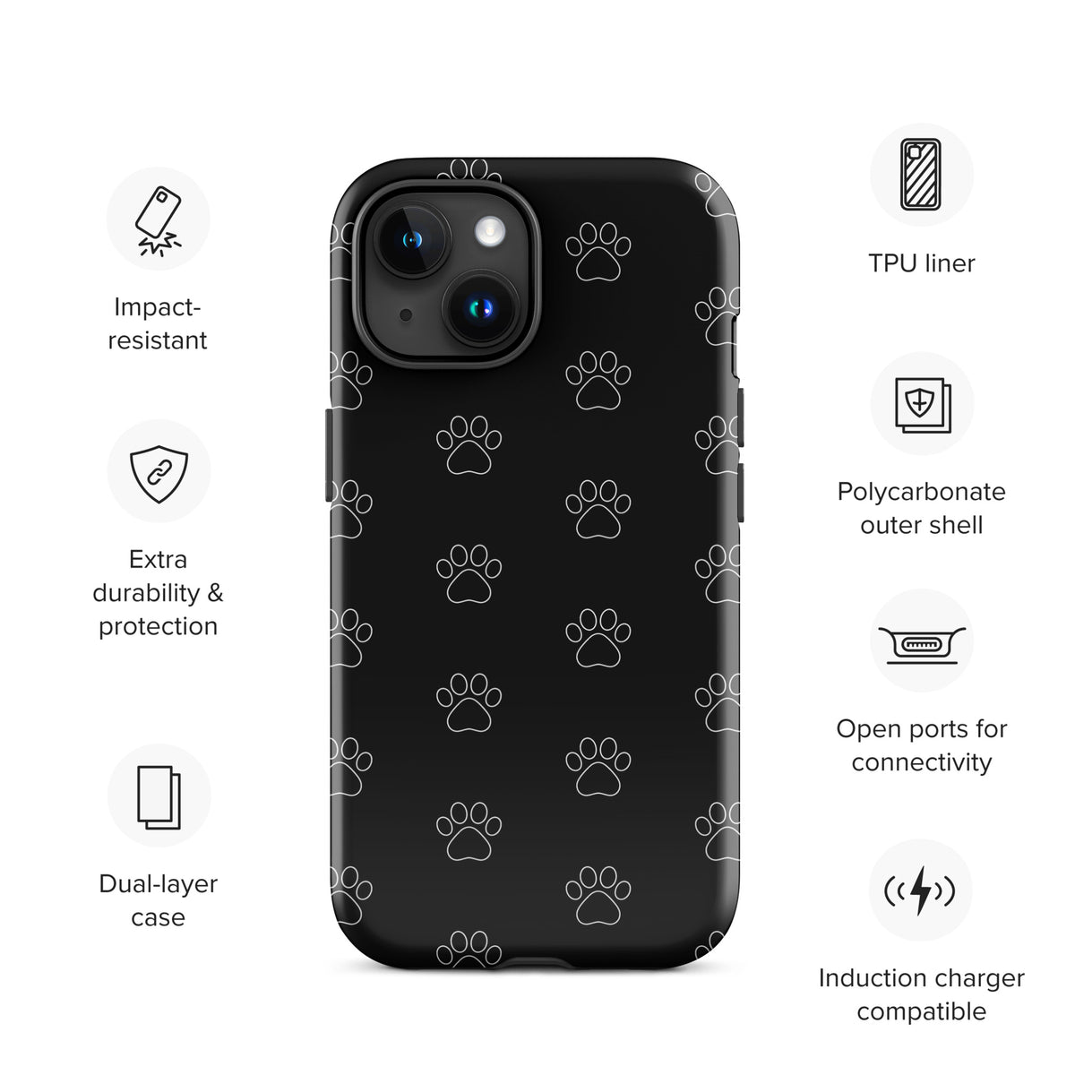 Phone Case for iPhone with black paw print pattern, dual-layer protection, and open ports. Perfect for pet lovers, showcasing minimalist style.