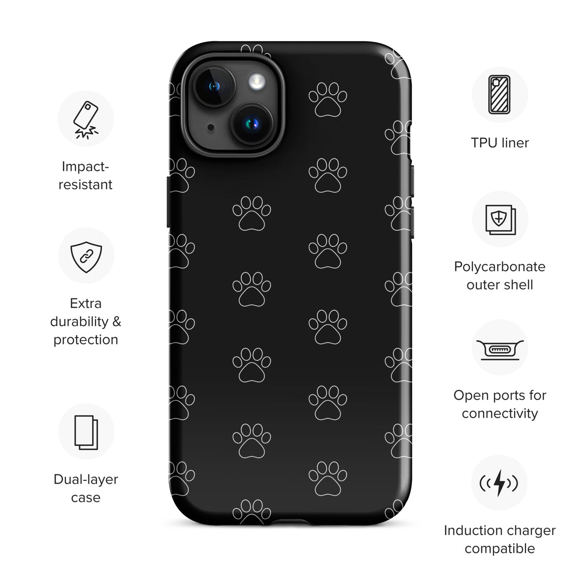 Phone Case for iPhone with black paw print pattern, transparent finish, featuring impact-resistant design and open ports for connectivity.