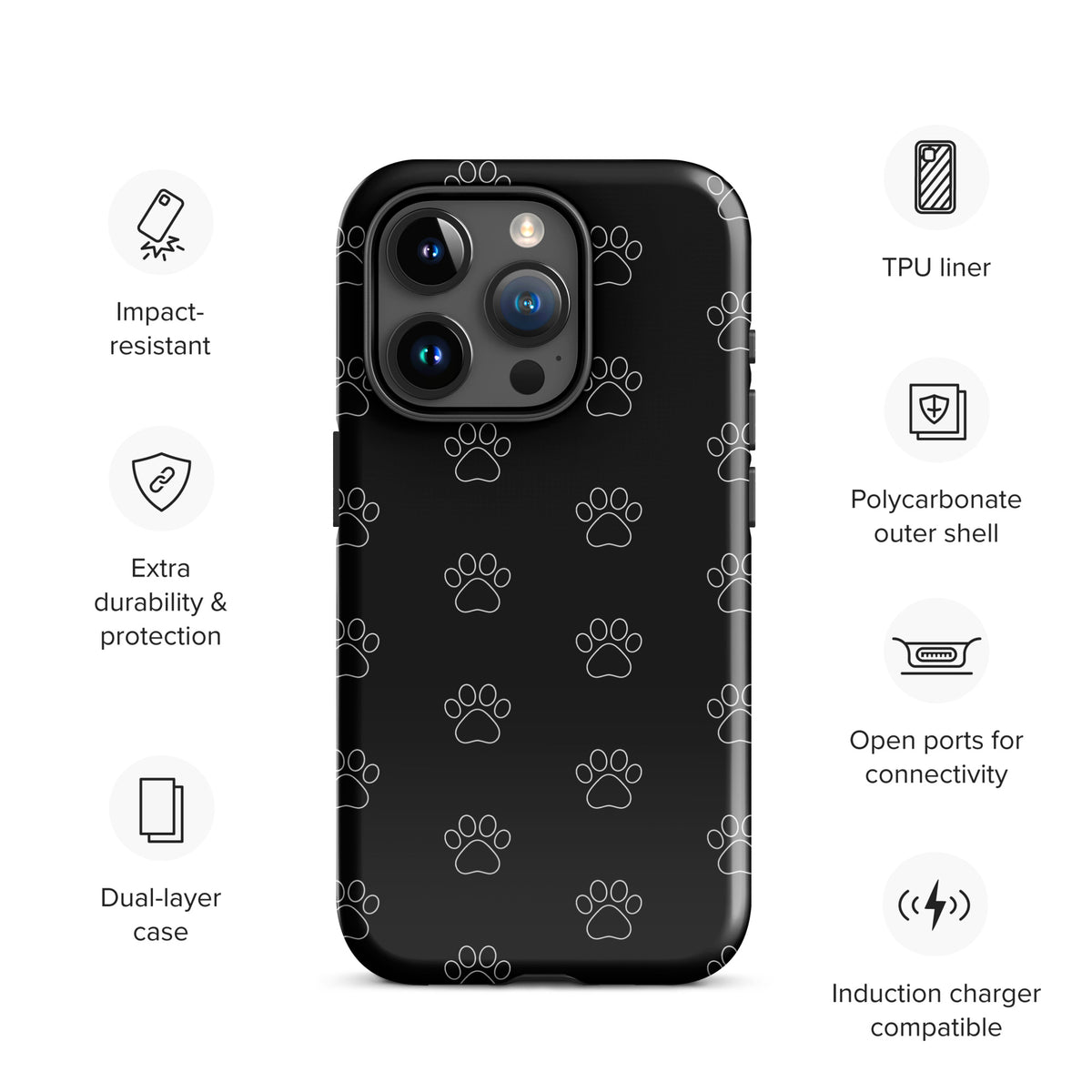 Phone Case for iPhone with black paw print pattern, impact-resistant, dual-layer, polycarbonate shell, and induction charger compatible.
