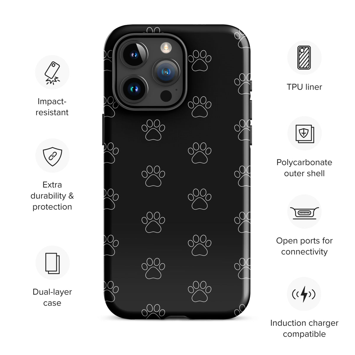 Phone Case for iPhone with black paw print pattern, showcasing impact-resistant design and features for cat and dog lovers.