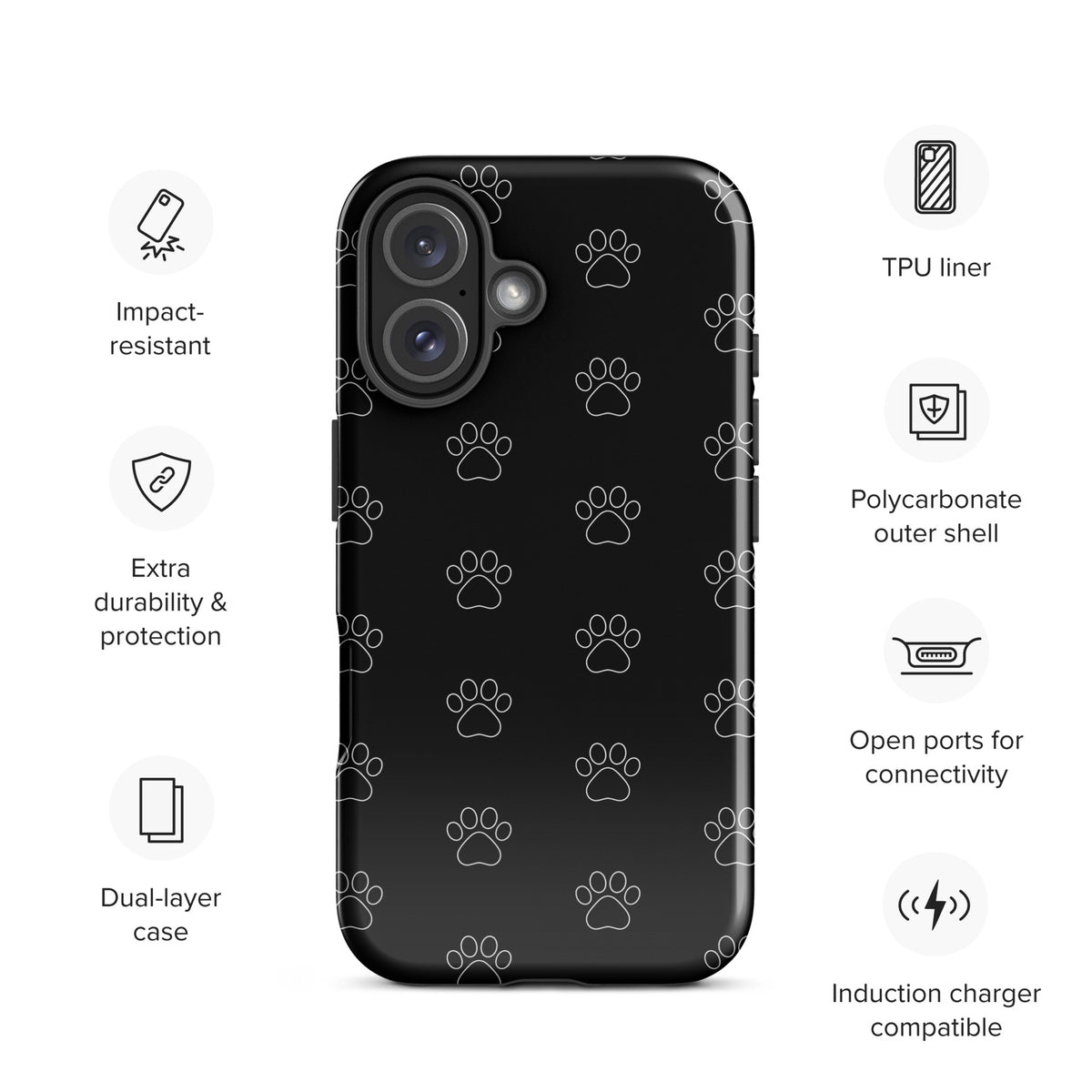 Phone Case for iPhone Paw Print Pattern Black with dual-layer impact-resistant design, TPU liner, extra durability, and open ports.