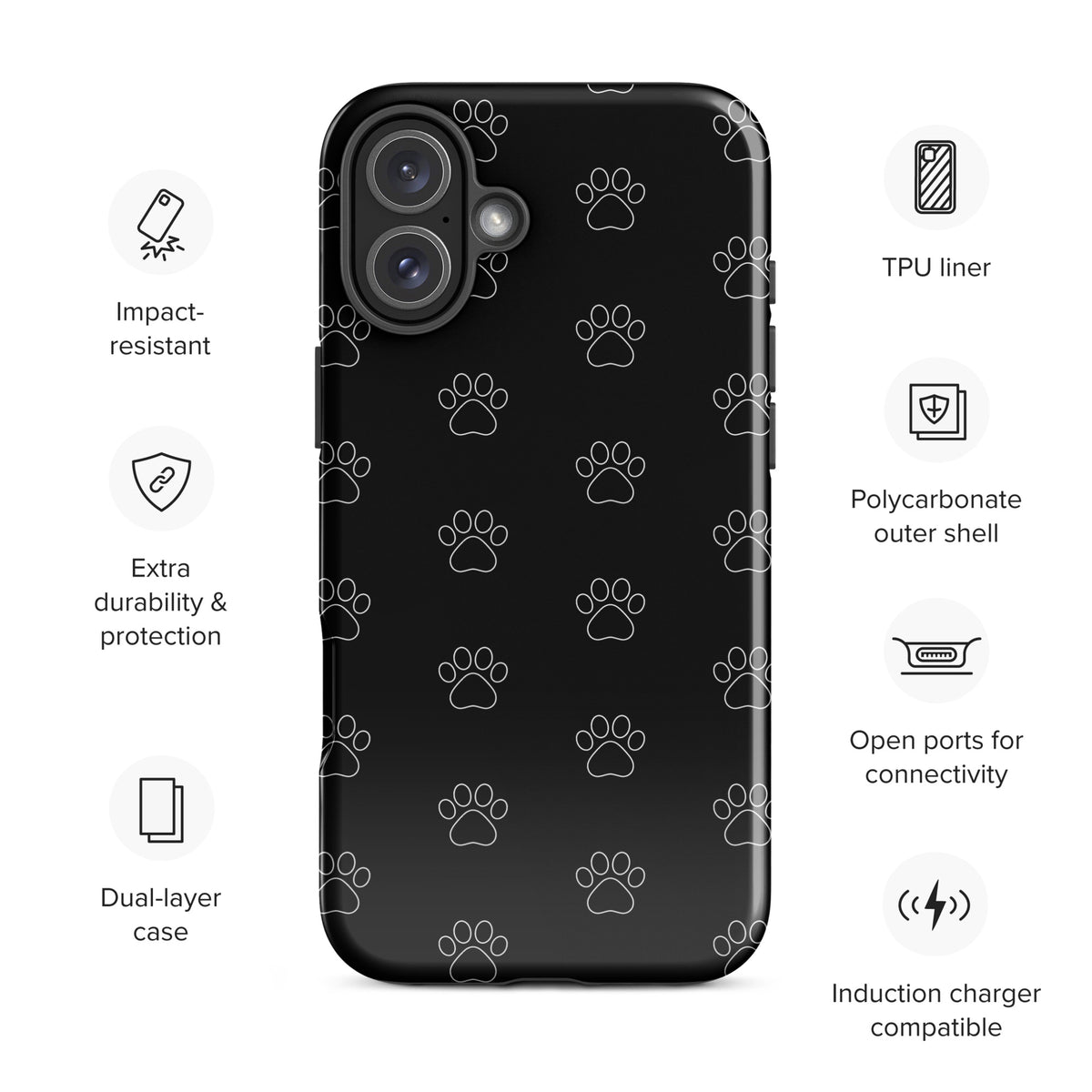 Phone Case for iPhone with black paw print pattern, transparent finish, for pet lovers, showcasing cat and dog themed design, impact-resistant.