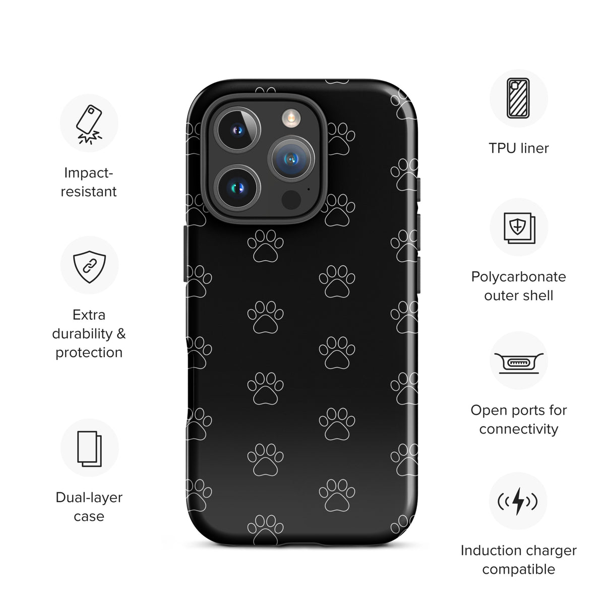 Phone Case for iPhone with black paw print pattern, designed for pet lovers, showing a detailed view of durability features and connectivity options.