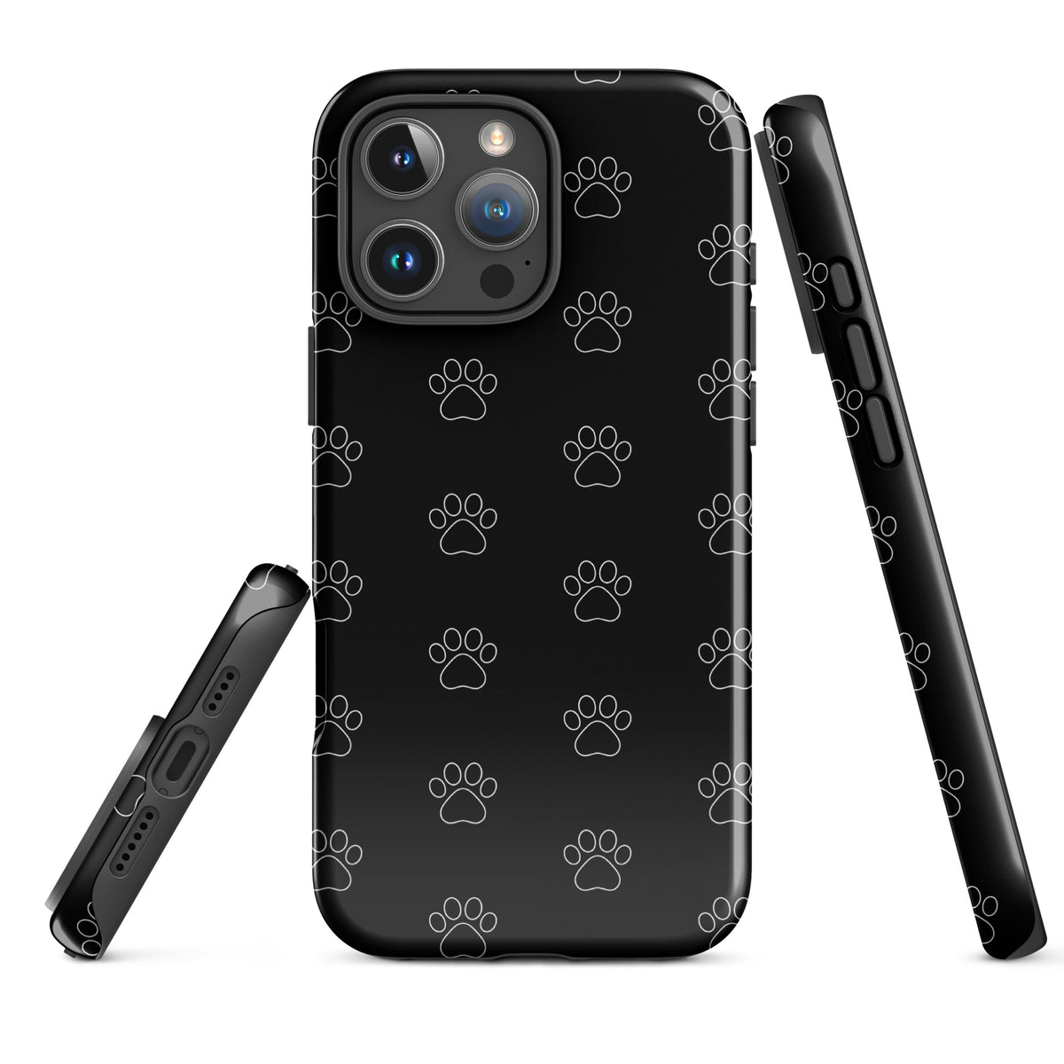 Phone Case with paw print pattern for iPhone, black, minimalist design for pet lovers, transparent finish showcases device color.