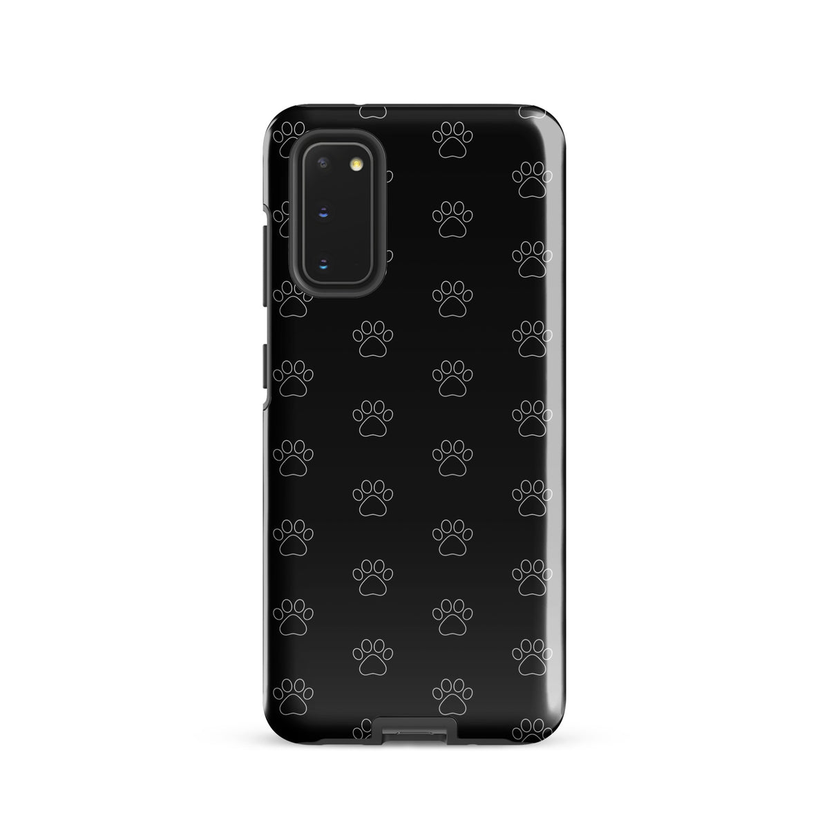 Phone Case for Samsung Galaxy with black paw print pattern, designed for pet lovers, showcasing minimalistic style and practicality.