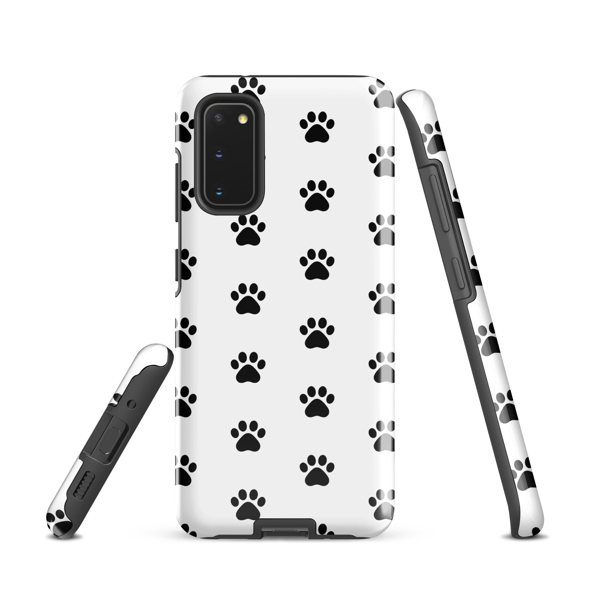 Phone Case for Samsung Galaxy with black paw print design, ideal for pet lovers. Stylish and modern accessory in white and black.