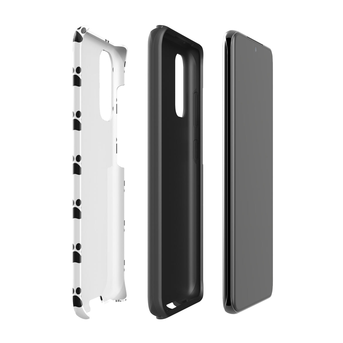 Phone Case for Samsung Galaxy with stylish black and white paw print design for pet lovers, showcasing three internal layers.
