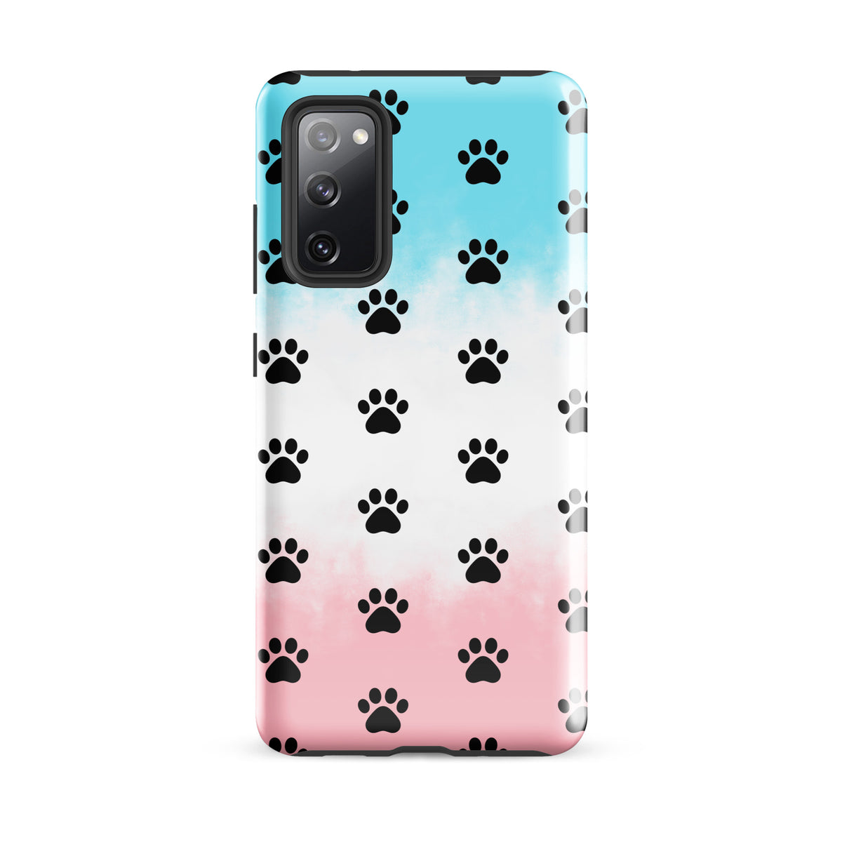 Phone Case for Samsung Galaxy with black paw-print pattern on a gradient background, showcasing minimalist style for pet lovers.
