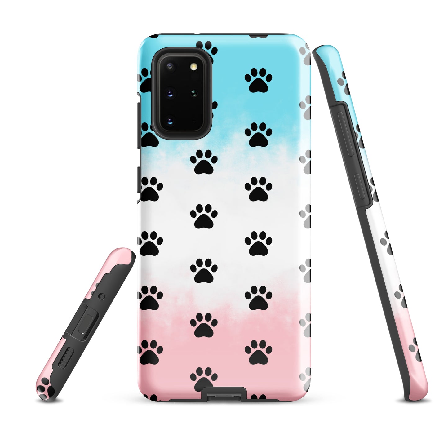 Phone Case for Samsung Galaxy with paw-print pattern in black on a gradient pink and blue background, designed for pet lovers.