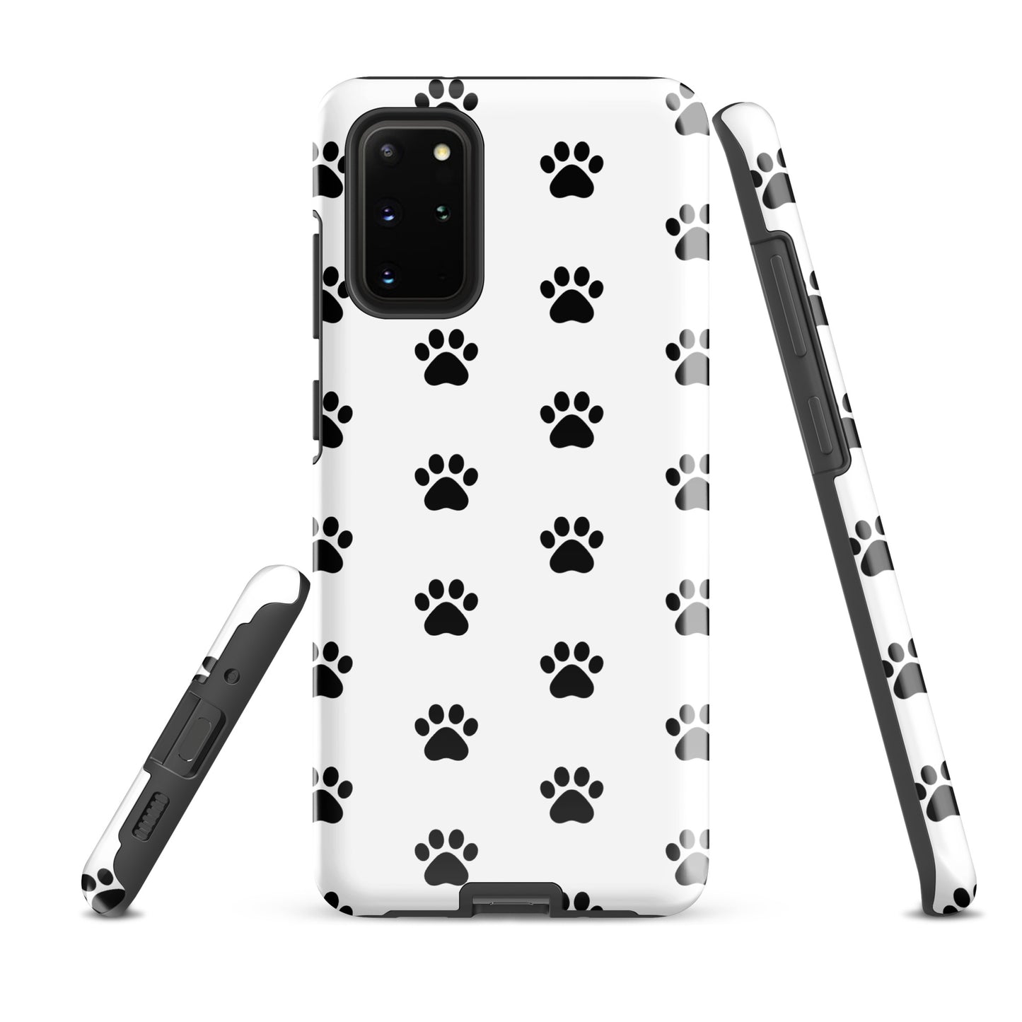 Phone Case for Samsung Galaxy with paw print design in white and black, ideal for cat and dog lovers seeking a modern pet-themed accessory.