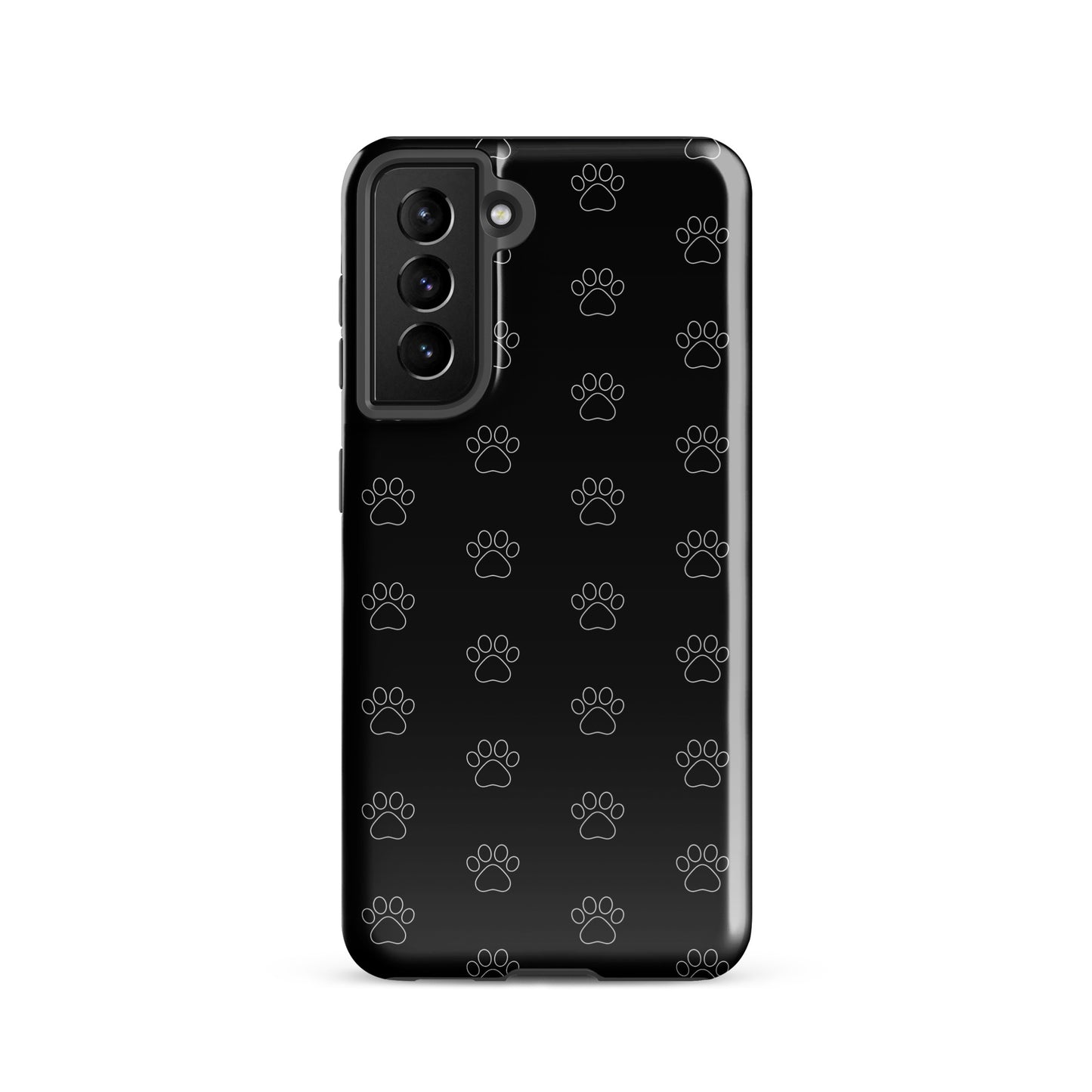 Phone Case for Samsung Galaxy with black paw print pattern, perfect for pet lovers, minimalist and transparent design.