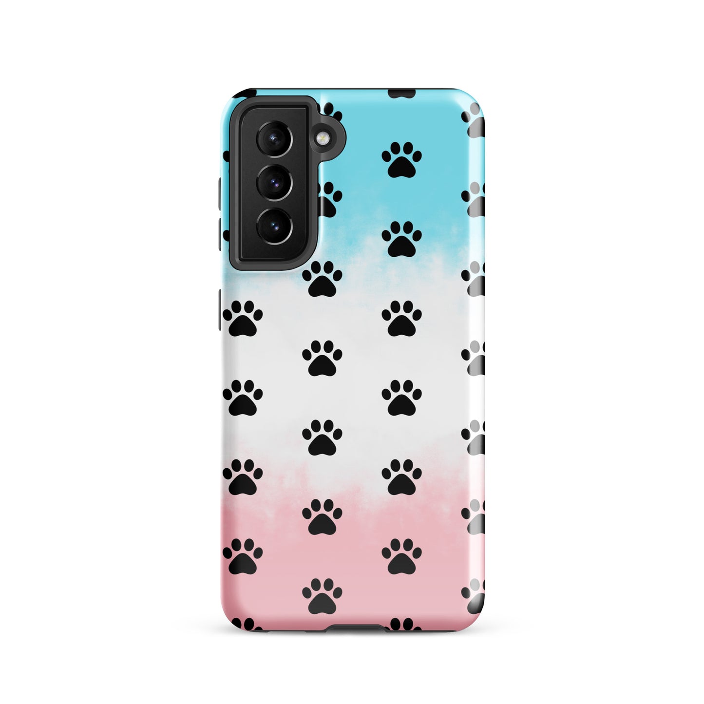Phone Case for Samsung Galaxy with paw print pattern and transparent finish showcasing phone color, designed for pet lovers.