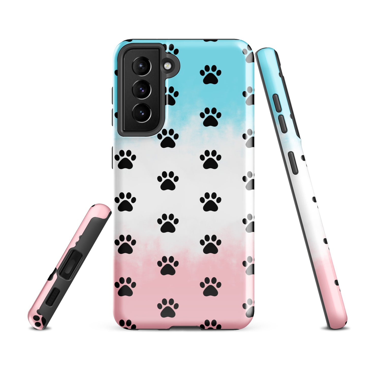 Phone Case for Samsung Galaxy with black paw-print pattern and transparent finish, designed for pet lovers and minimalist style enthusiasts.
