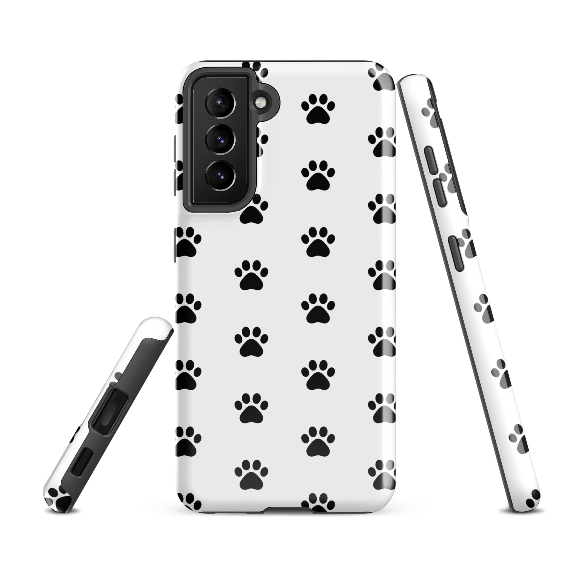 Phone Case for Samsung Galaxy with stylish paw print design, perfect for pet lovers. White and black minimalist pet-themed accessory.