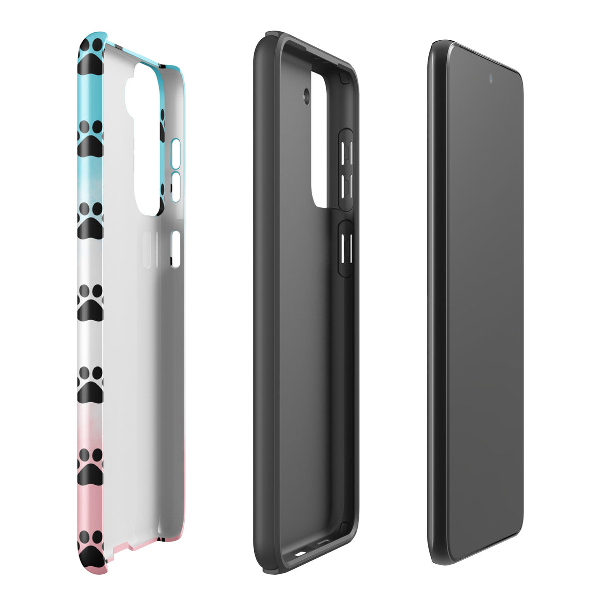 Phone Case for Samsung Galaxy with paw-print pattern, modern pet lovers' transparent design showcasing black paw patterns on the sides.