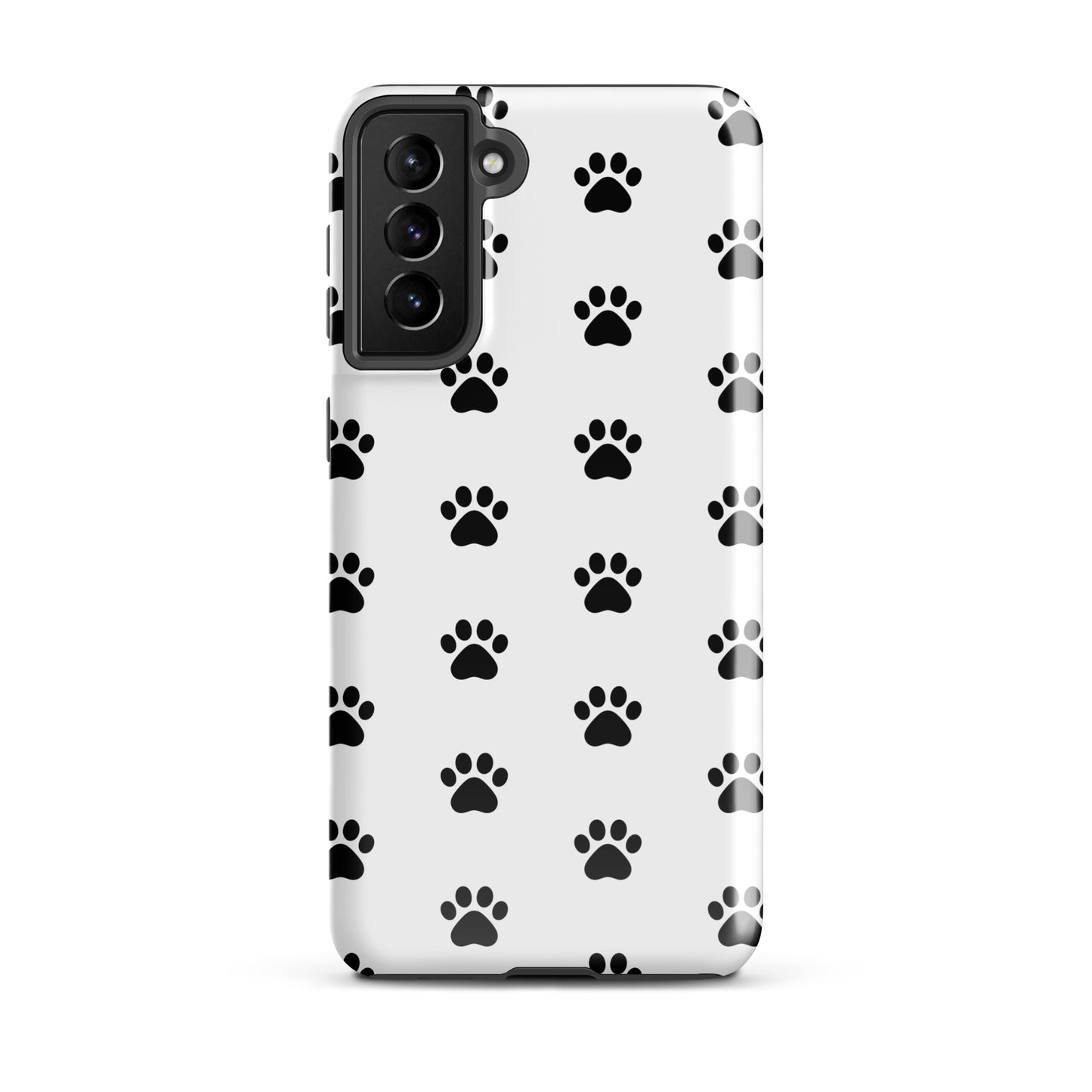 Phone Case for Samsung Galaxy with paw print design in black and white, ideal for pet lovers and compatible with cat and dog themes.