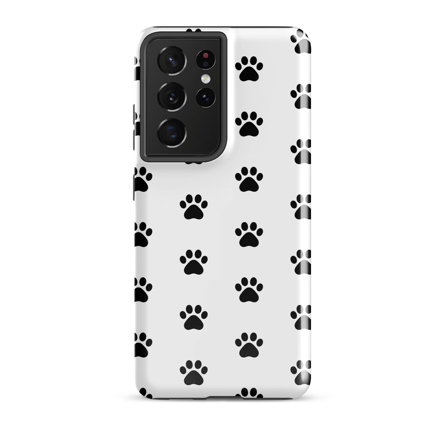 Phone Case for Samsung Galaxy with stylish black paw print design, ideal for pet lovers seeking a cute modern look. Colors: White/Black.