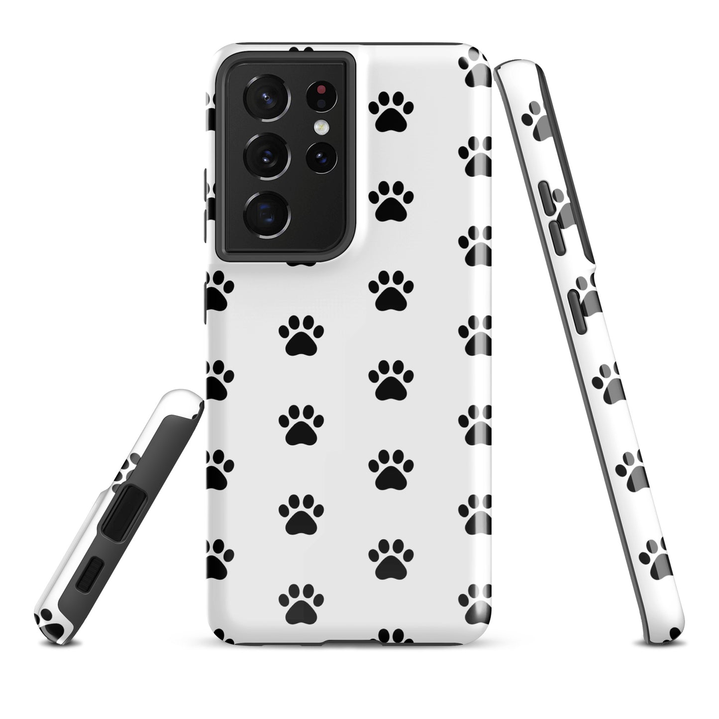 Phone Case for Samsung Galaxy with stylish black paw print design, perfect for pet lovers, shown in a modern sleek white and black pattern.