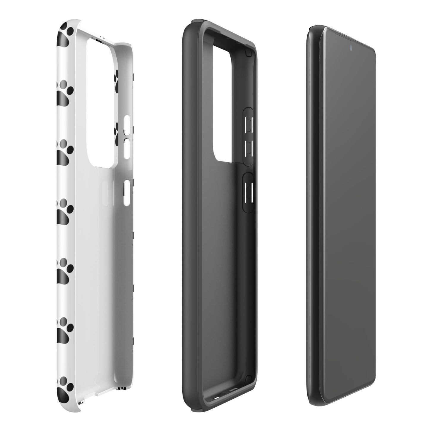 Phone Case for Samsung Galaxy with stylish paw print design, pet lovers' phone case in white and black, featuring cat and dog paws.