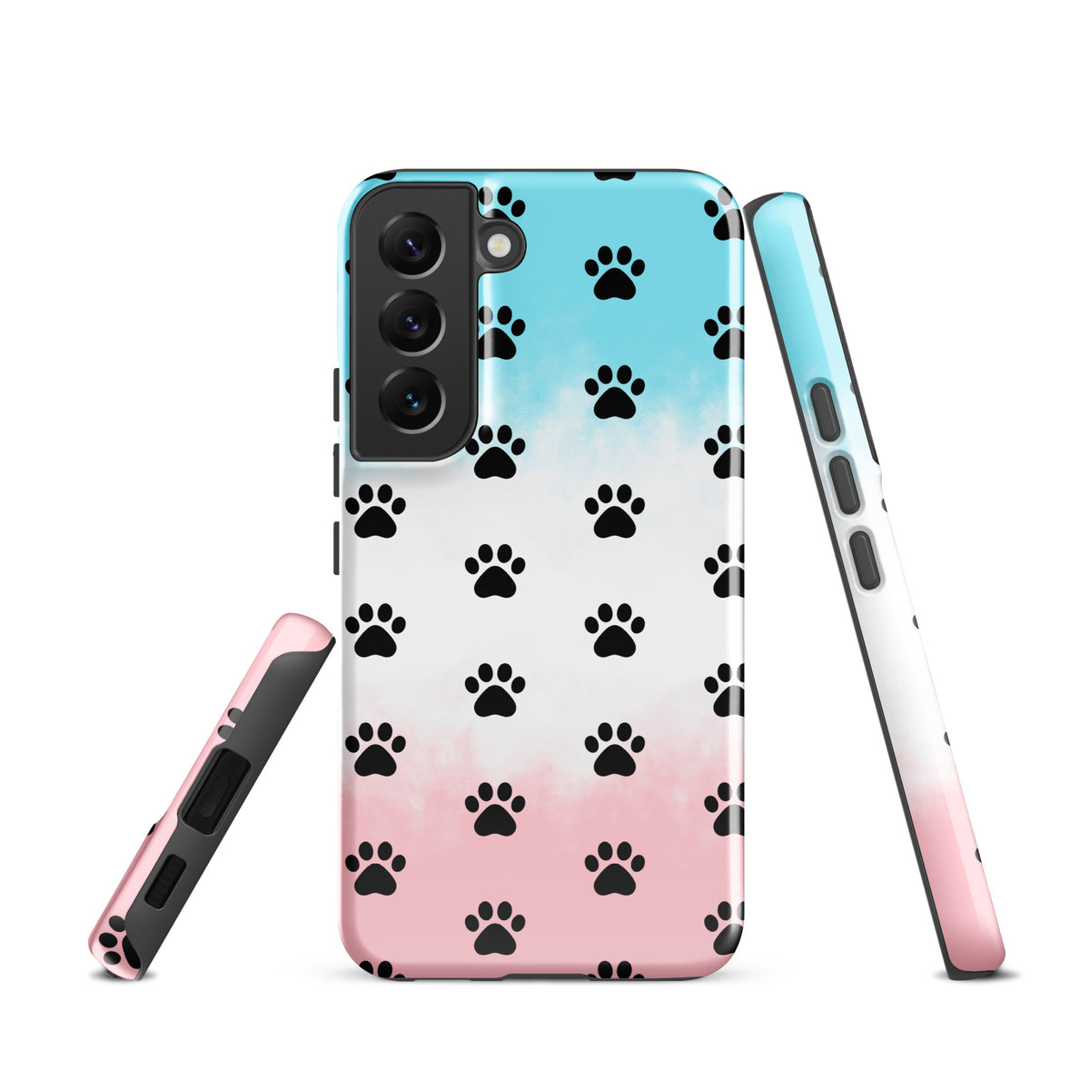 Phone Case for Samsung Galaxy with paw-print pattern, perfect for cat and dog lovers, shows colorful gradient with black paw prints.