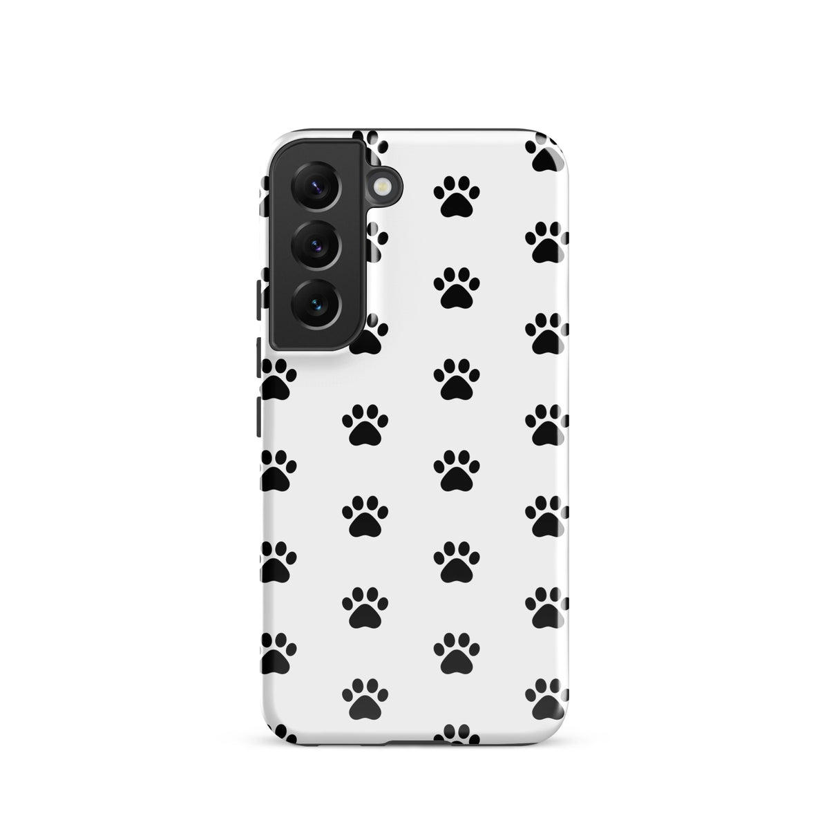 Phone Case for Samsung Galaxy with stylish black paw print design for pet lovers, featuring minimalist cat and dog paw icons on white background.
