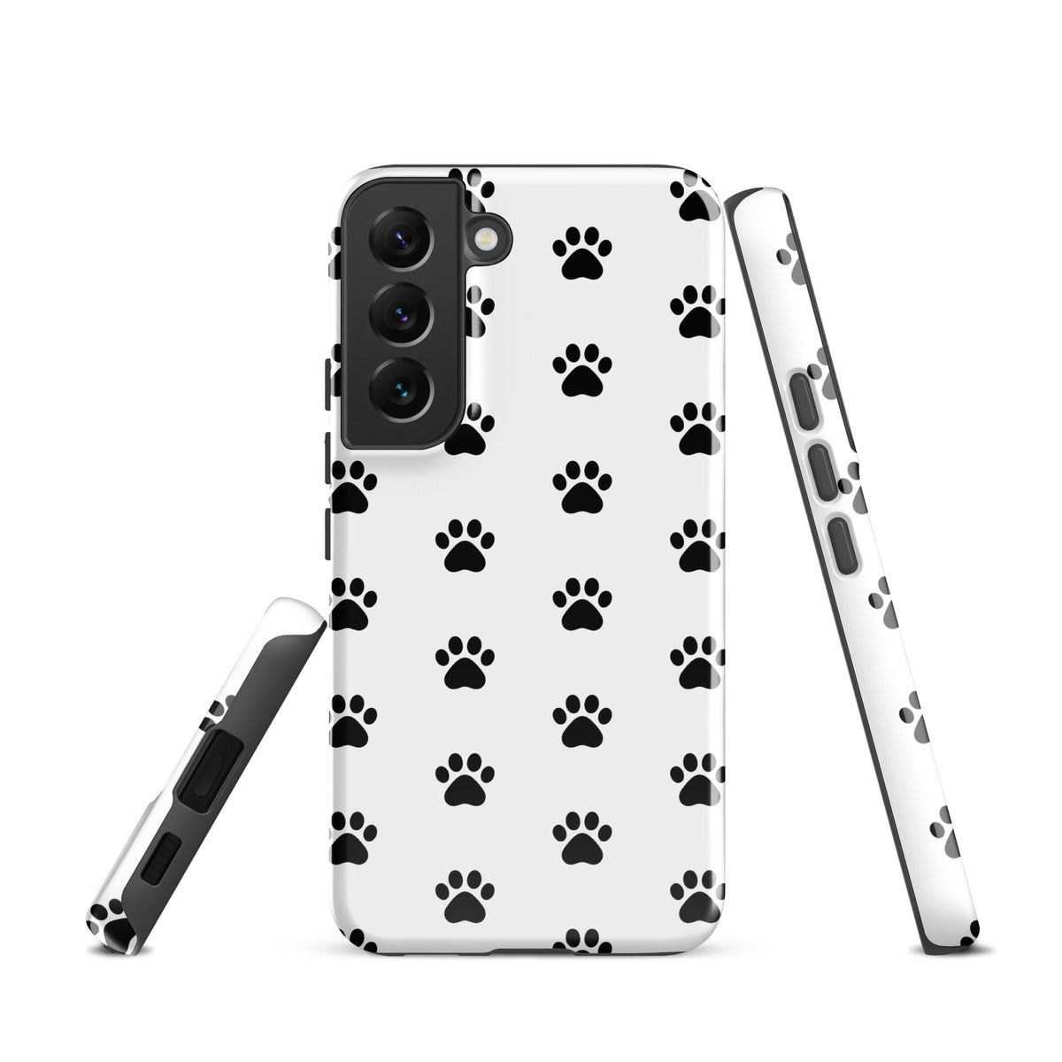 Phone Case for Samsung Galaxy with black paw print design on white background, perfect for pet lovers.