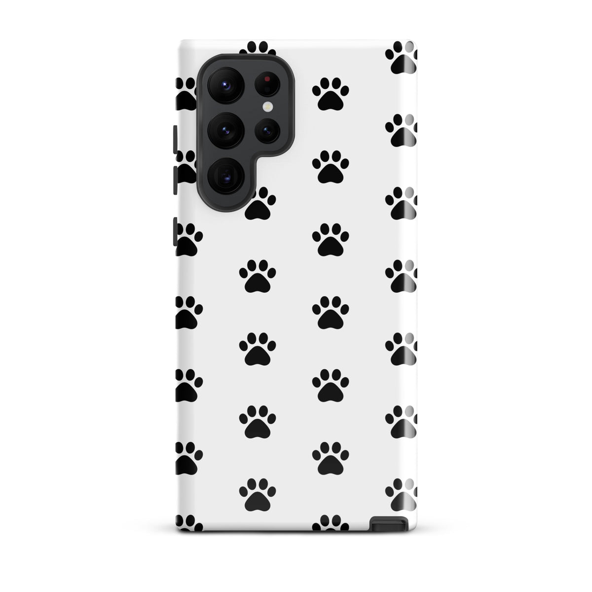 Phone Case for Samsung Galaxy with stylish black paw print design, perfect for pet lovers and owners of cats and dogs. White background.
