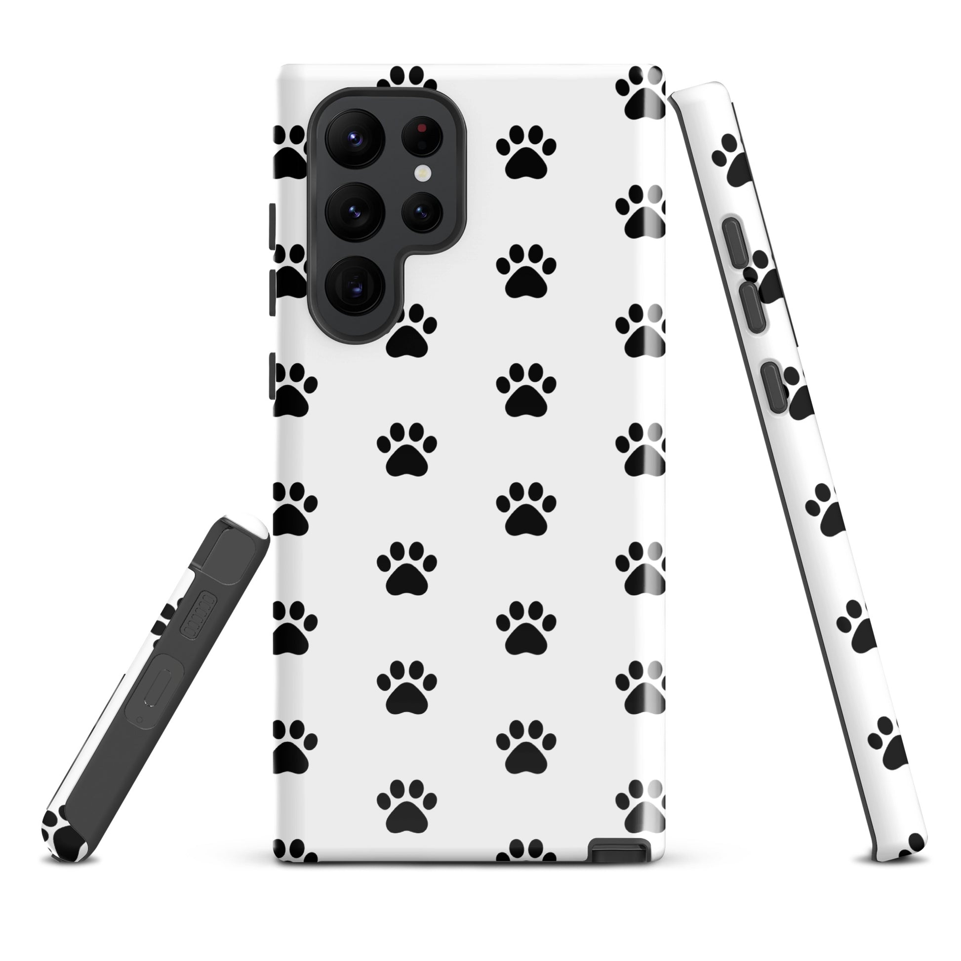 Phone Case for Samsung Galaxy with black paw print design for pet lovers, showcasing stylish and modern look in white and black.