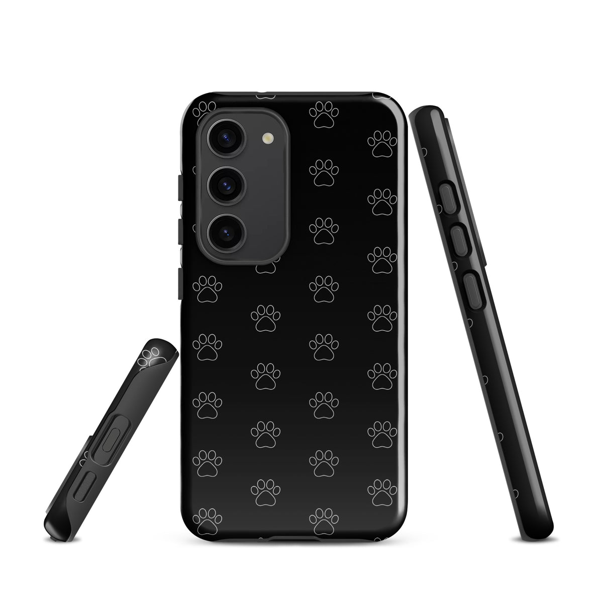 Phone Case for Samsung Galaxy with black paw print pattern, designed for pet lovers and compatible with cats and dogs themes.