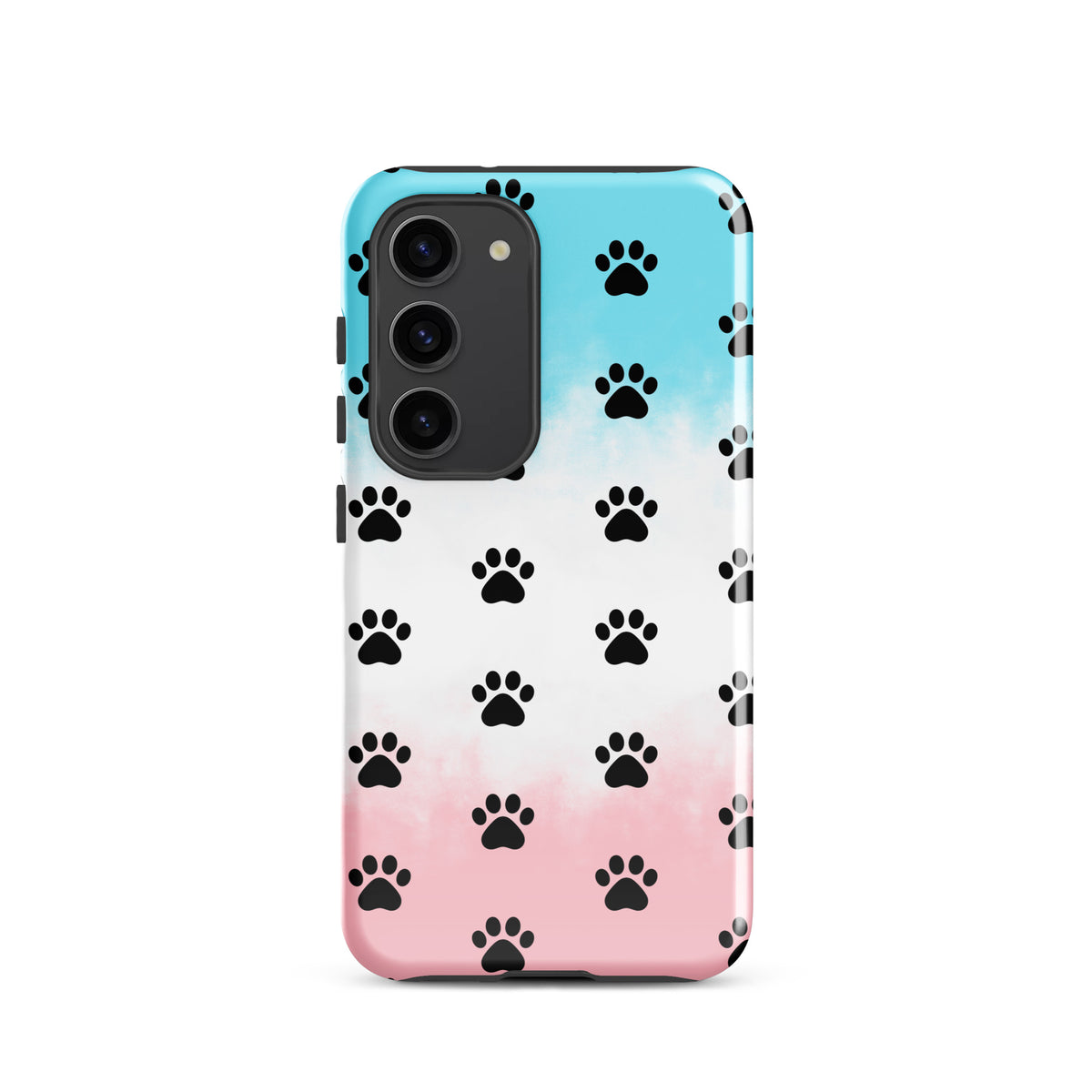 Phone Case for Samsung Galaxy with paw-print pattern, transparent finish showcasing phone color for pet lovers, cats and dogs design.