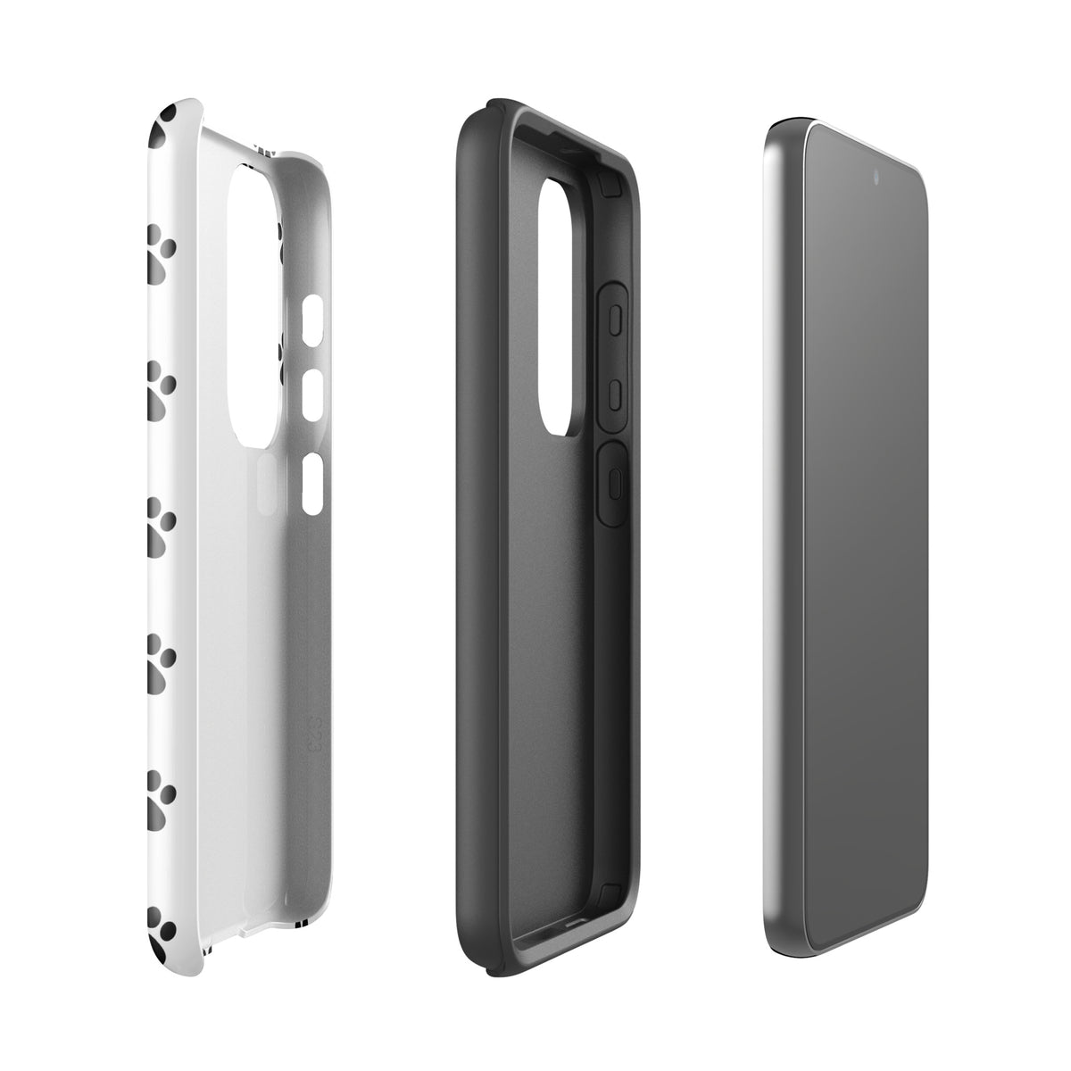 Phone Case for Samsung Galaxy featuring stylish paw print design, perfect for pet lovers, shown in white and black hues.