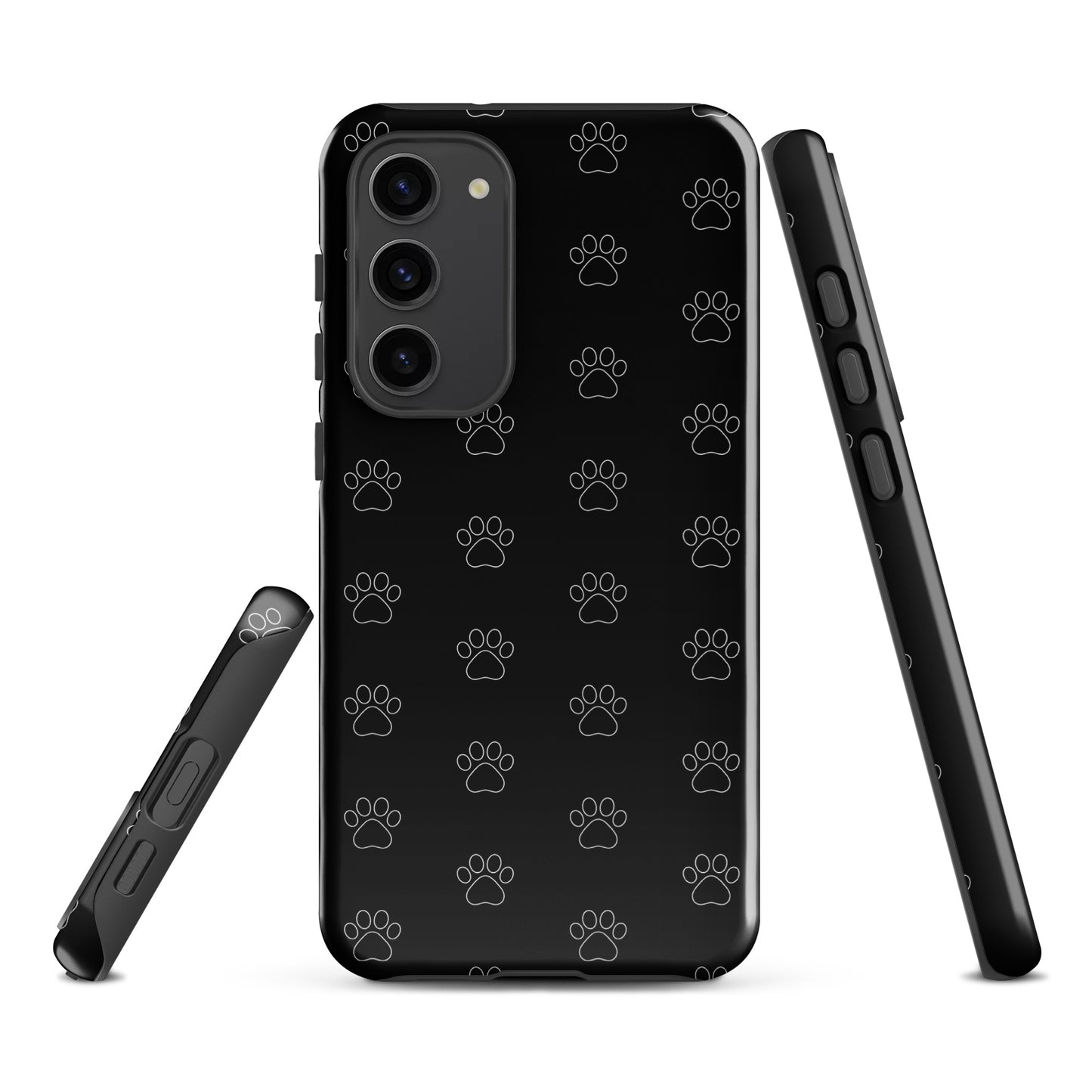 Black Phone Case for Samsung Galaxy with paw print pattern for pet lovers featuring minimalist design.