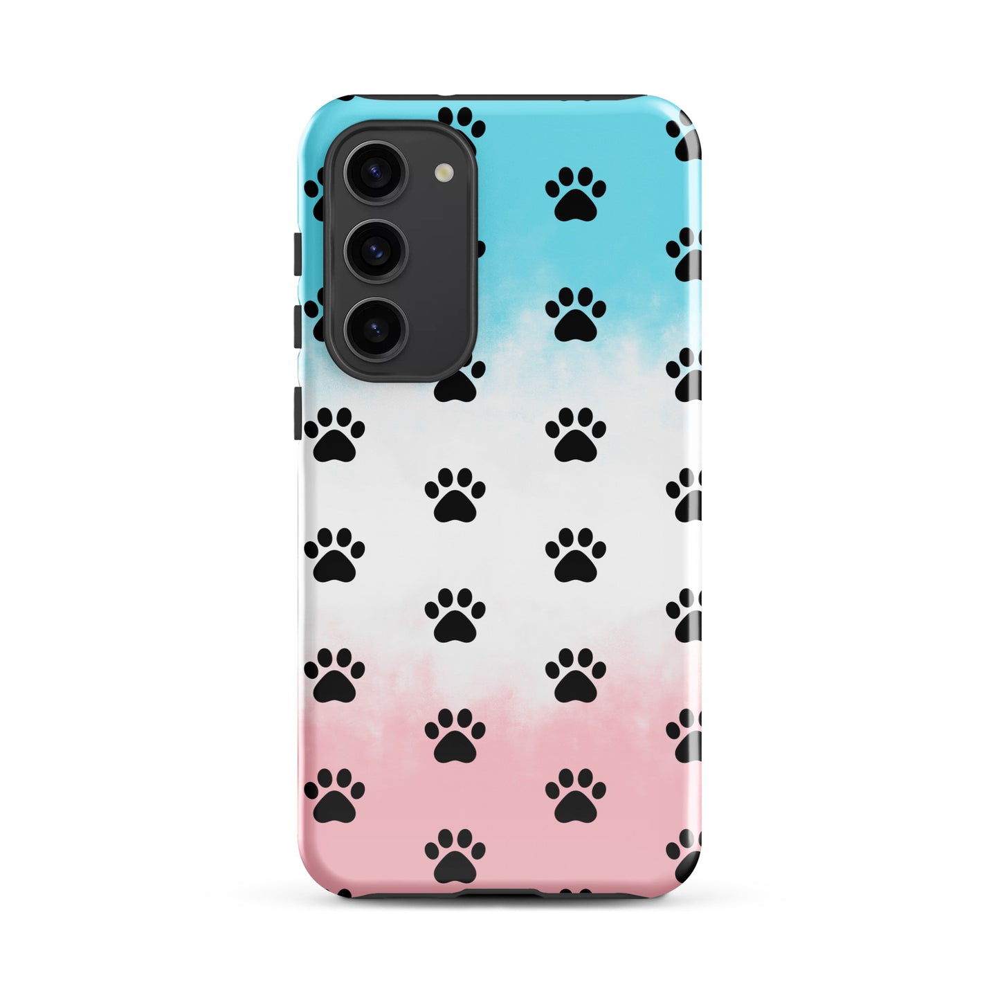 Phone Case for Samsung Galaxy with paw-print pattern in black on a transparent background showing phone color.