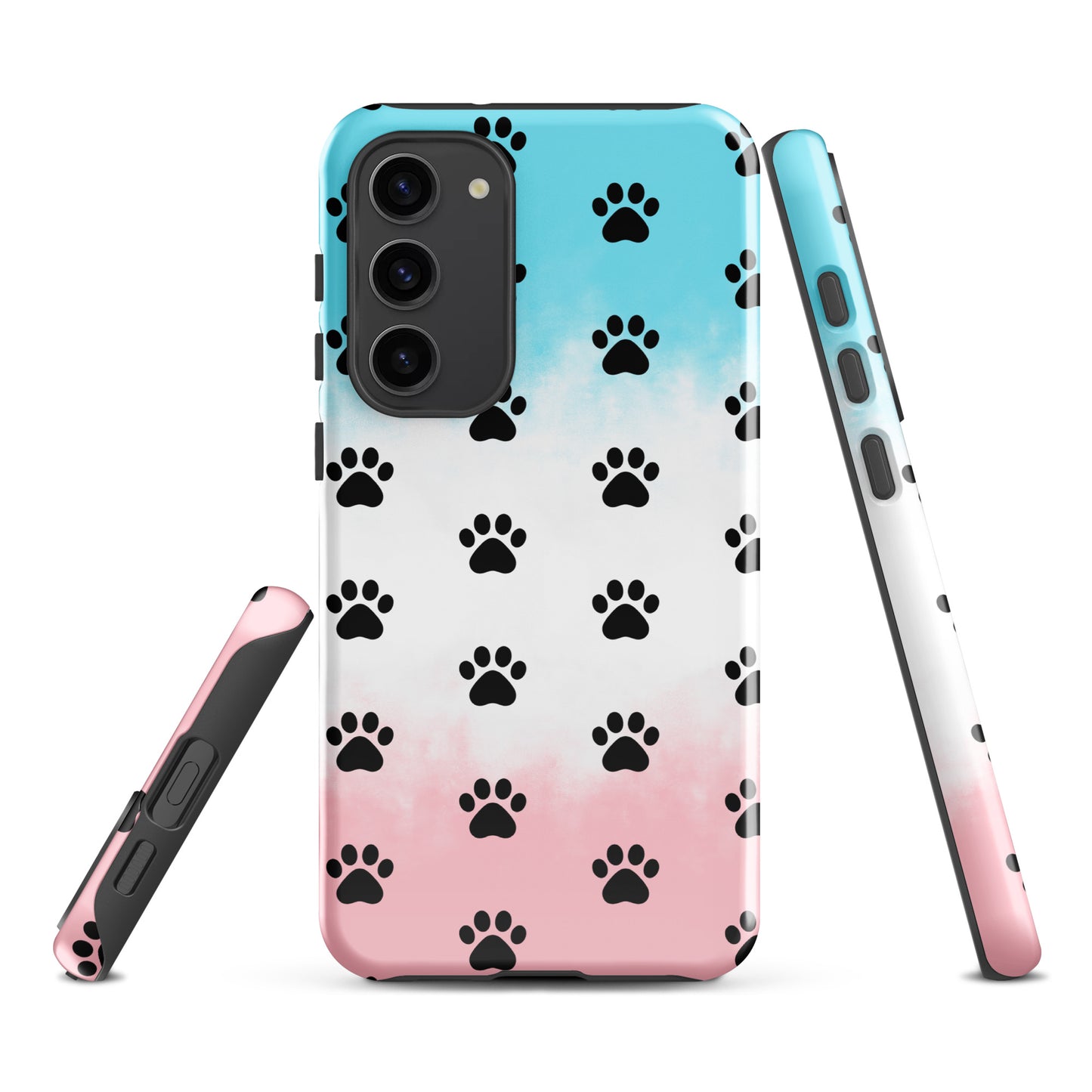 Phone Case for Samsung Galaxy with paw-print pattern featuring cats and dogs design in blue and pink gradient - transparent finish