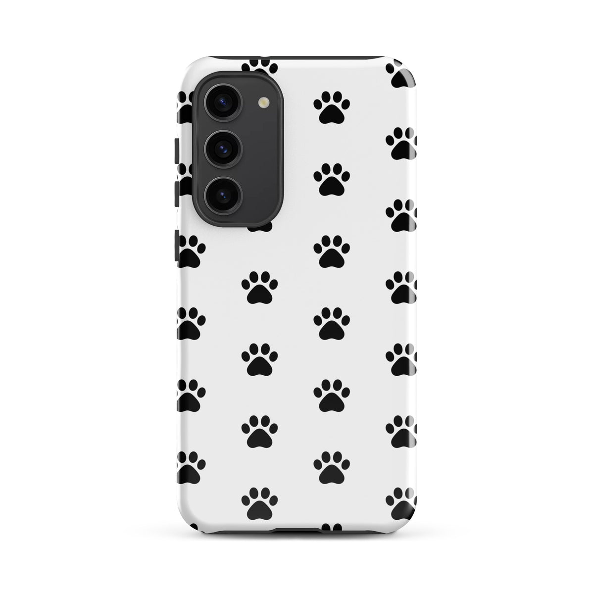 Phone Case for Samsung Galaxy with stylish black paw print design, ideal for pet lovers. White background featuring minimalist paw icons.
