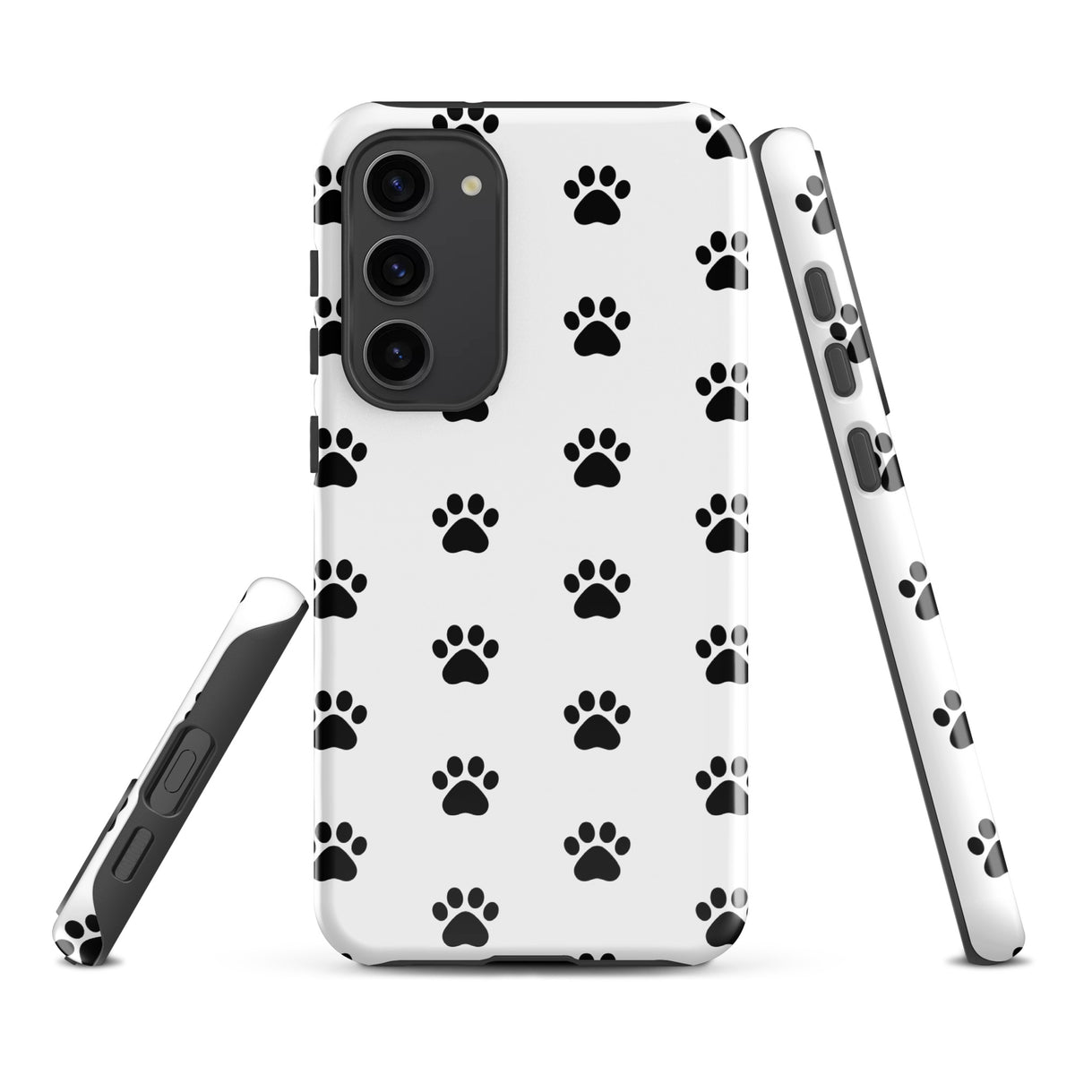 Phone Case for Samsung Galaxy with black paw print design on white, perfect for pet lovers and compatible with Galaxy models.