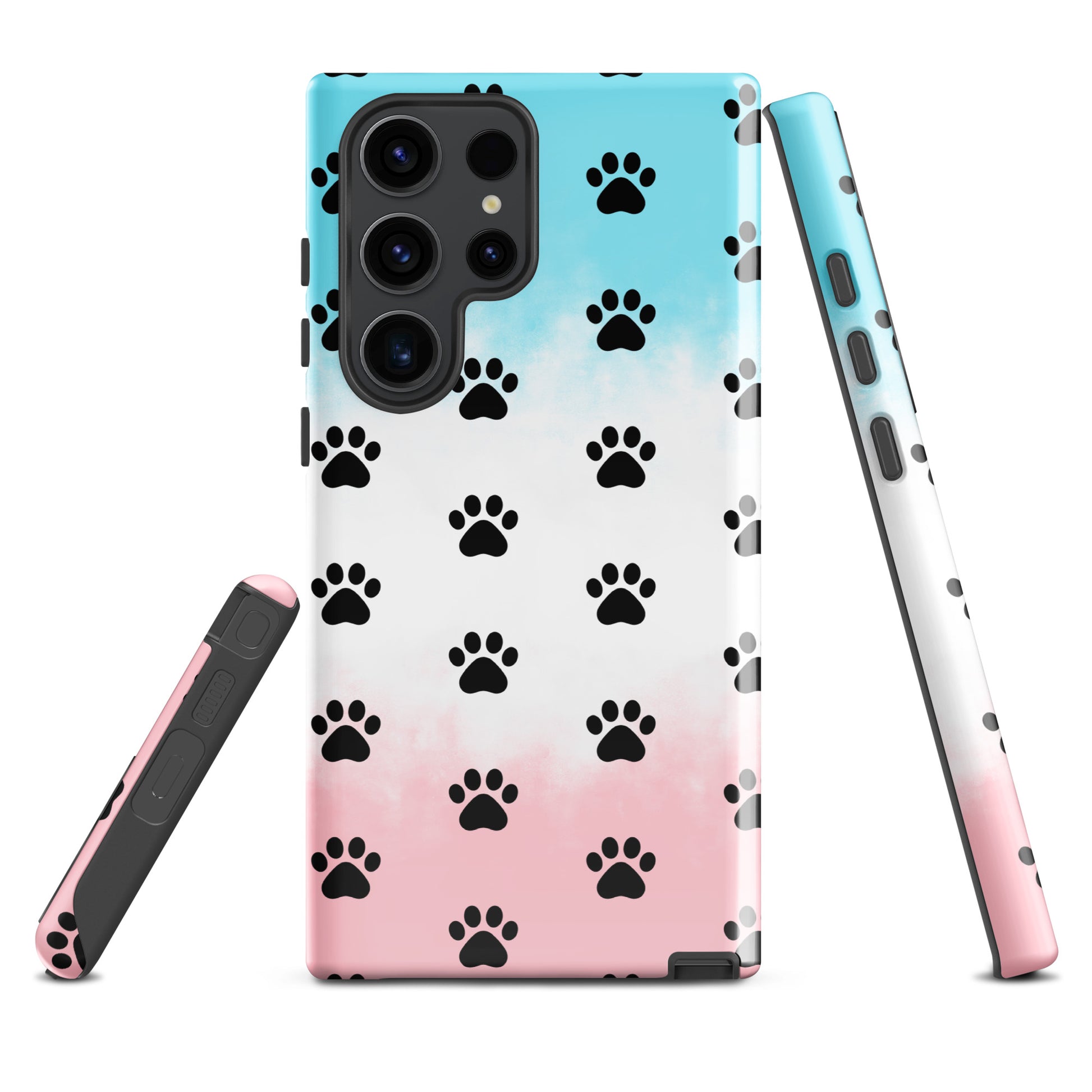 Phone Case for Samsung Galaxy with paw-print pattern, transparent finish showcasing device's color, ideal for cat and dog lovers.