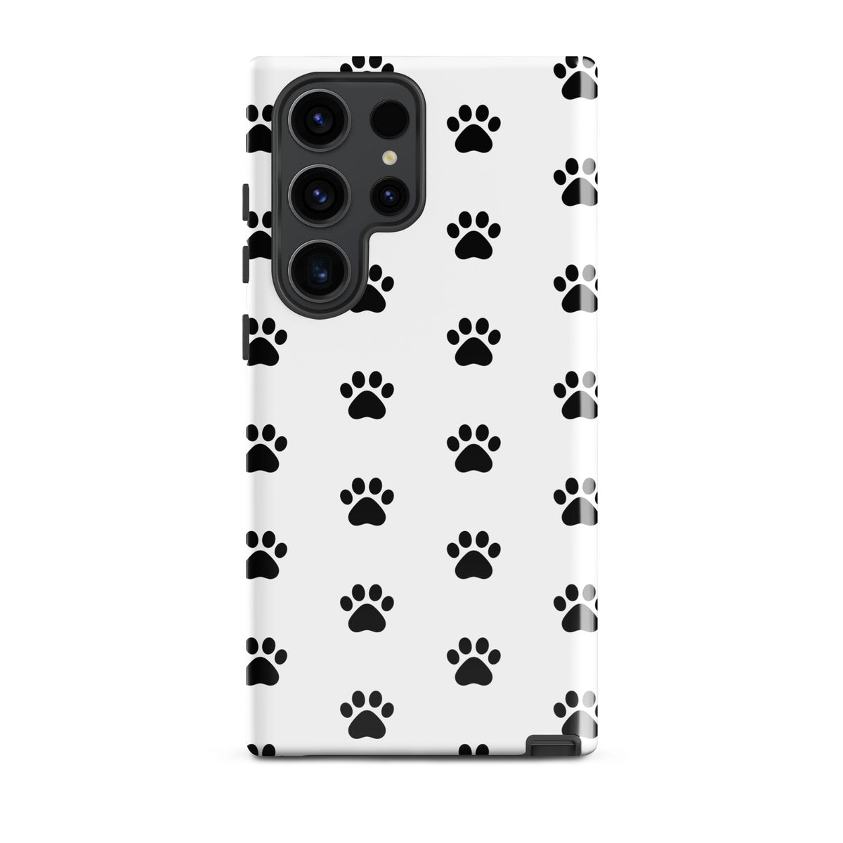 Phone Case for Samsung Galaxy with stylish black and white paw print design for pet lovers, featuring minimalist cat and dog paw icons.