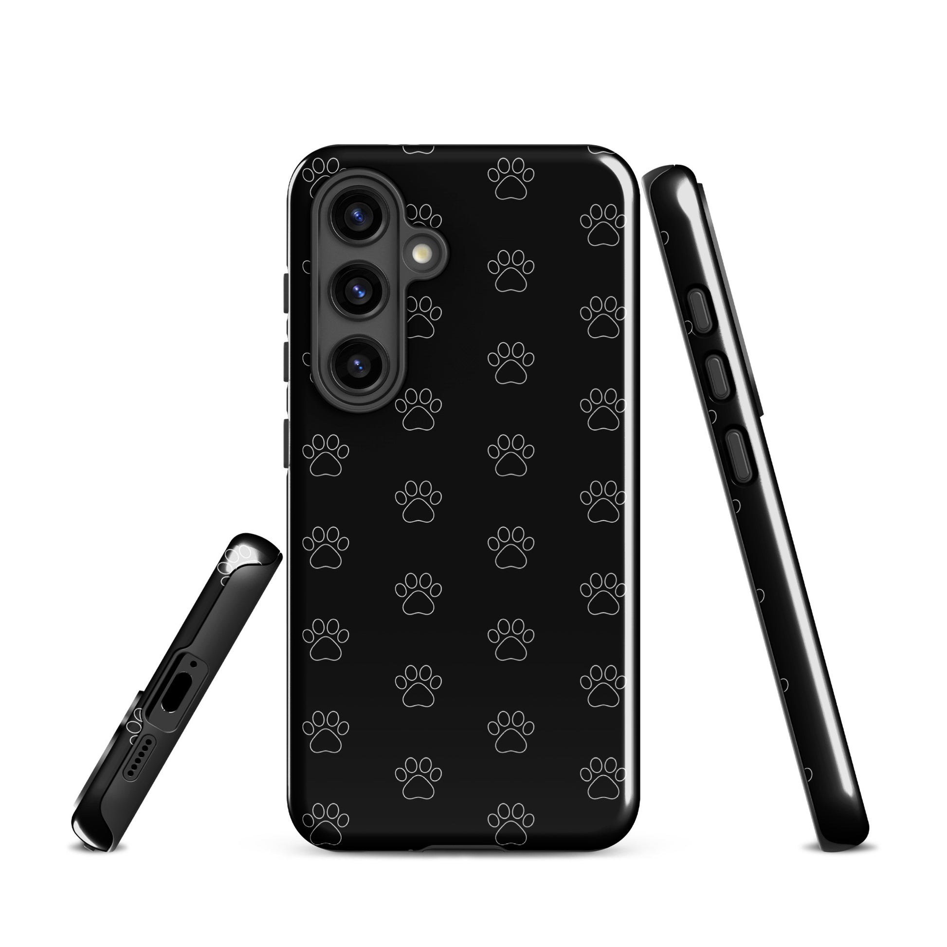 Phone Case for Samsung Galaxy with black paw print pattern, designed for pet lovers, blending minimalist style with practicality.
