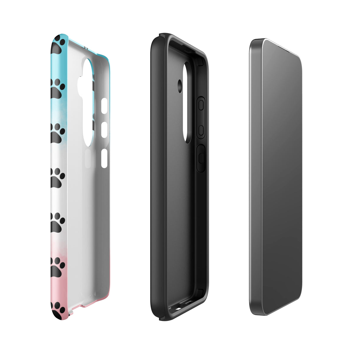 Phone Case for Samsung Galaxy with paw-print pattern, minimalist design for pet lovers, showing transparency and phone fit in three views.