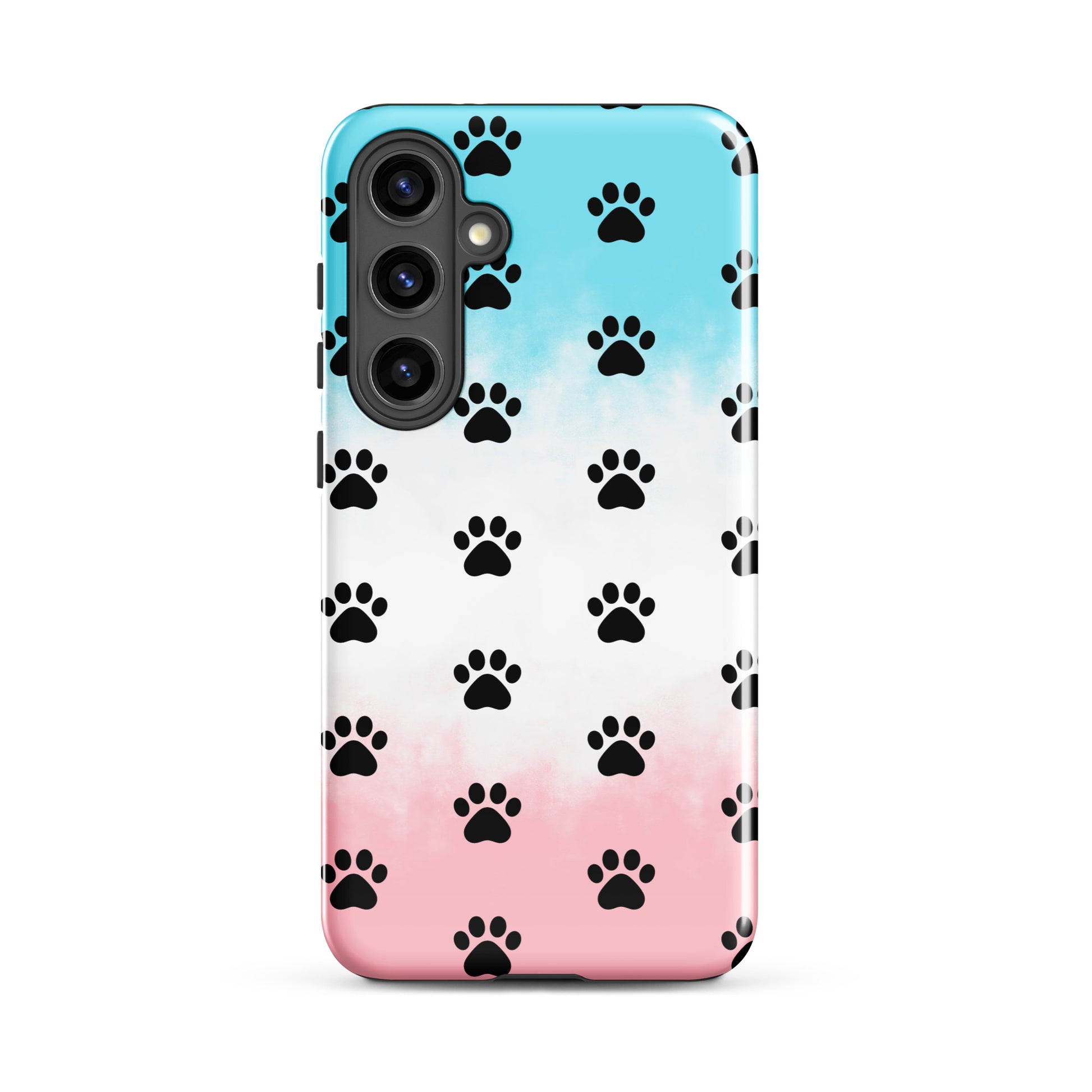 Phone Case for Samsung Galaxy with paw print pattern in black on a transparent backdrop showing phone's color, ideal for pet lovers.
