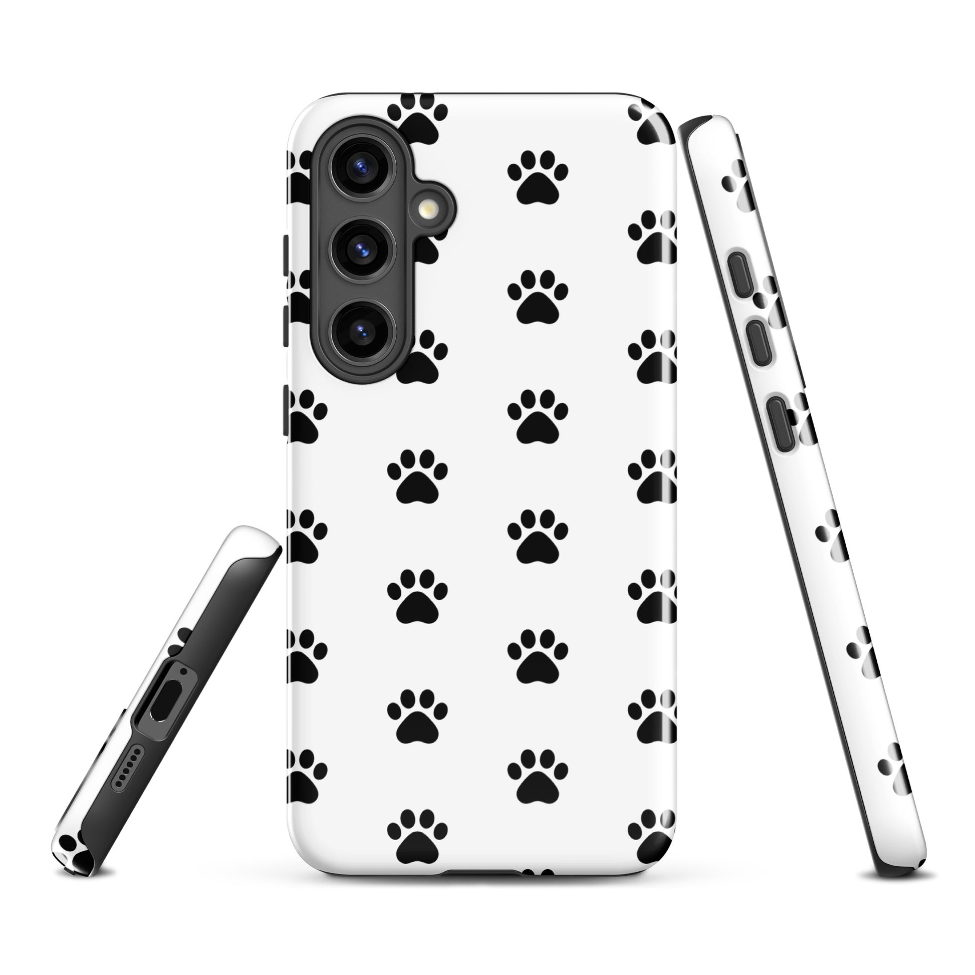 Phone Case for Samsung Galaxy with stylish black and white paw print design, perfect for pet lovers who own cats or dogs.