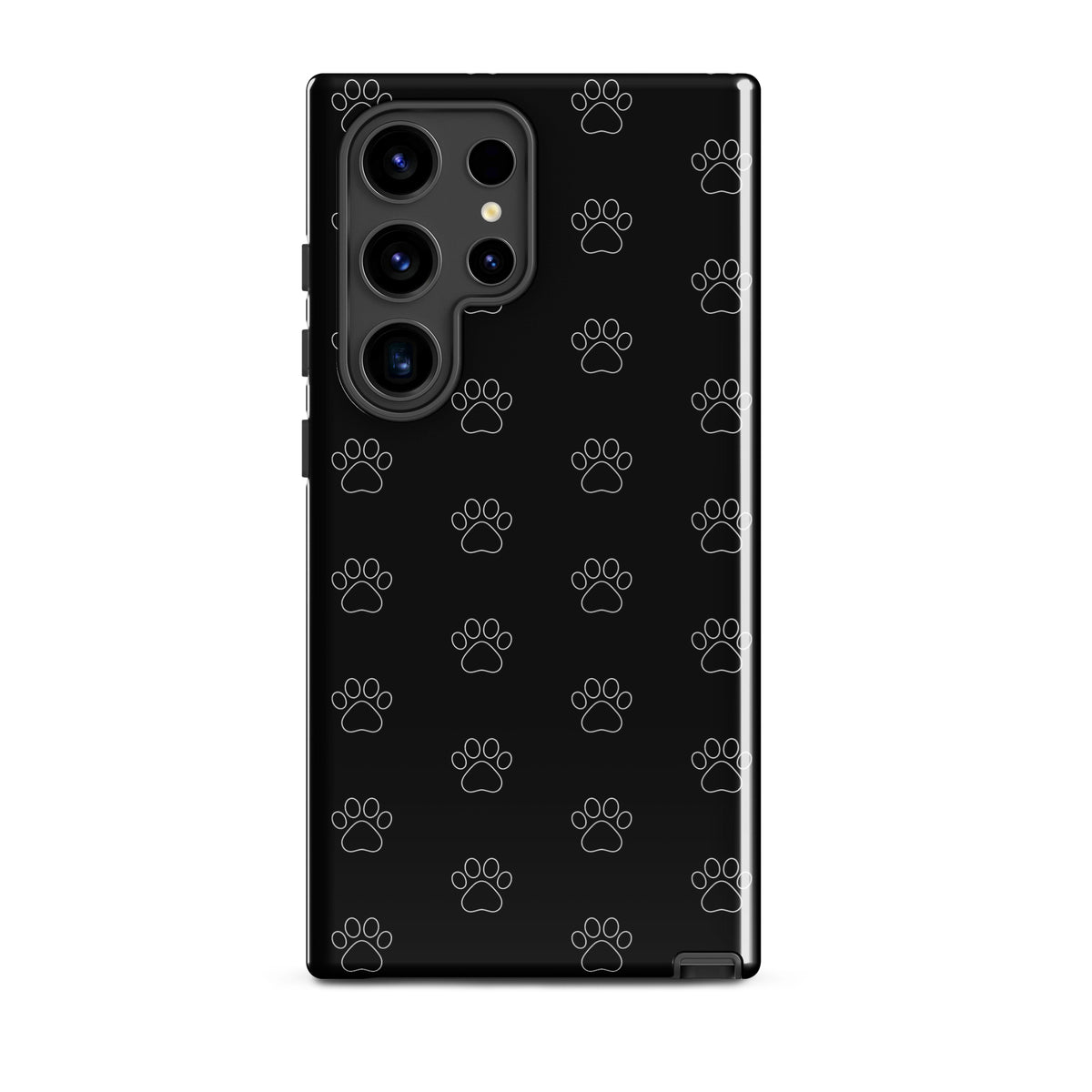 Phone Case for Samsung Galaxy with paw print pattern, black design ideal for cat and dog lovers. Minimalist and protective cover.