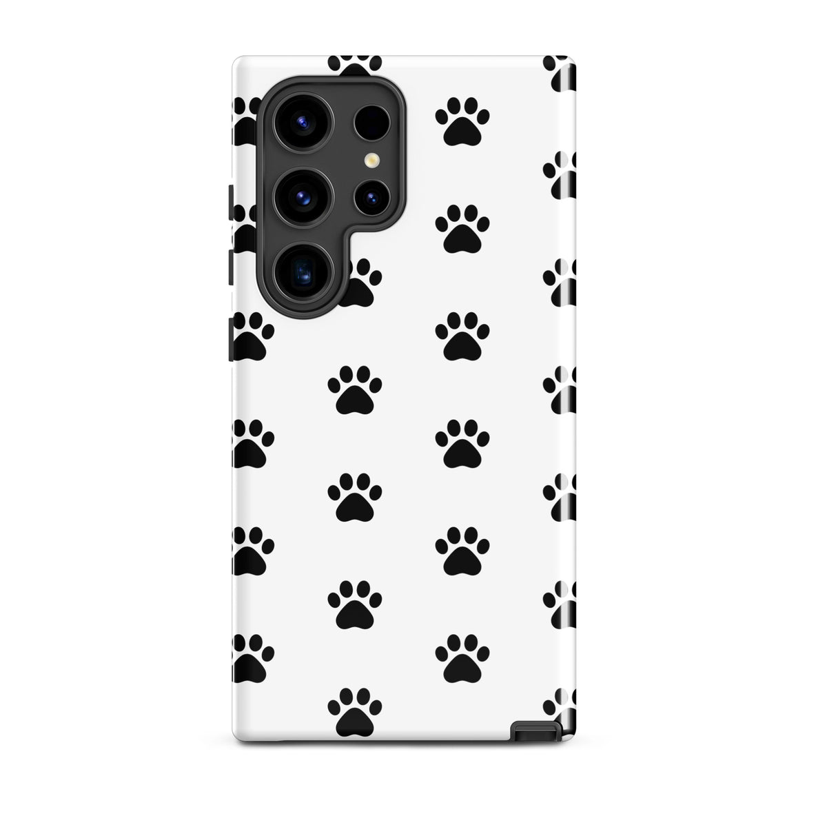 Phone Case for Samsung Galaxy with stylish paw print design in white and black for pet lovers.