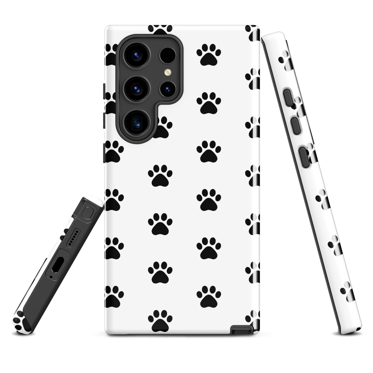 Phone Case for Samsung Galaxy with white and black paw print design for pet lovers, showcasing a stylish look for cat and dog owners.
