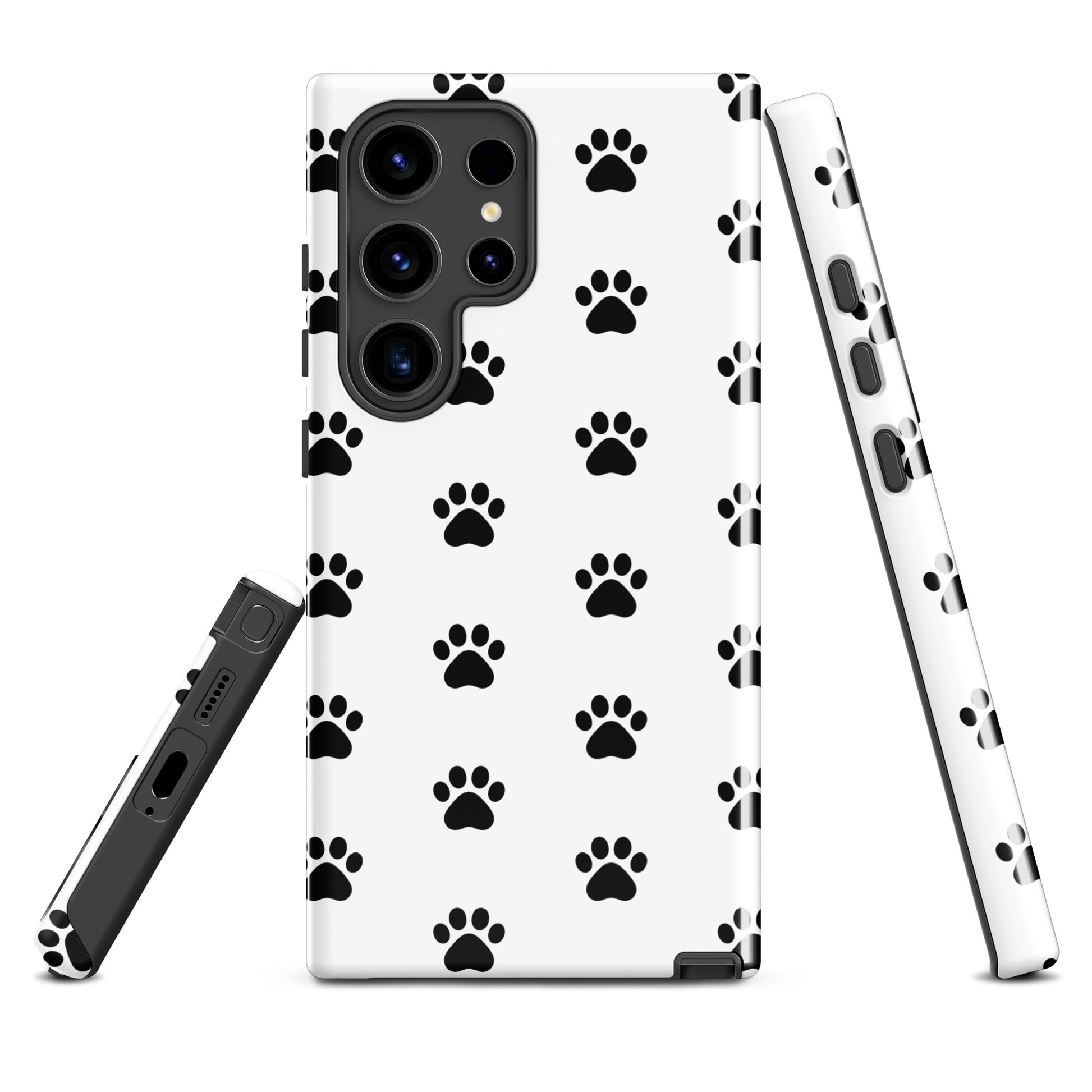 Phone Case for Samsung Galaxy with white and black paw print design for pet lovers, showcasing a stylish look for cat and dog owners.