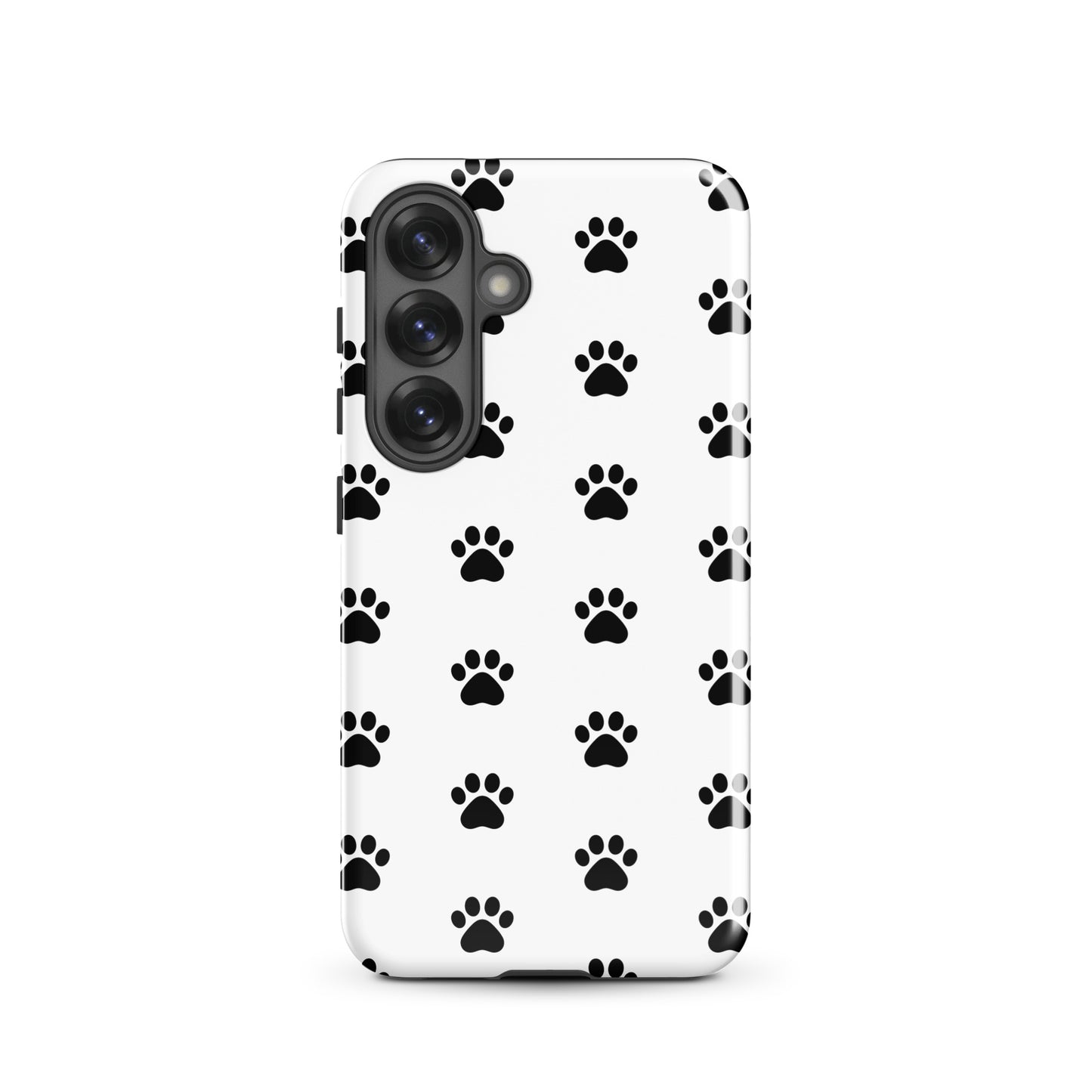 Phone Case for Samsung Galaxy with black paw print design, perfect for pet lovers, featuring a minimalist look in white and black.